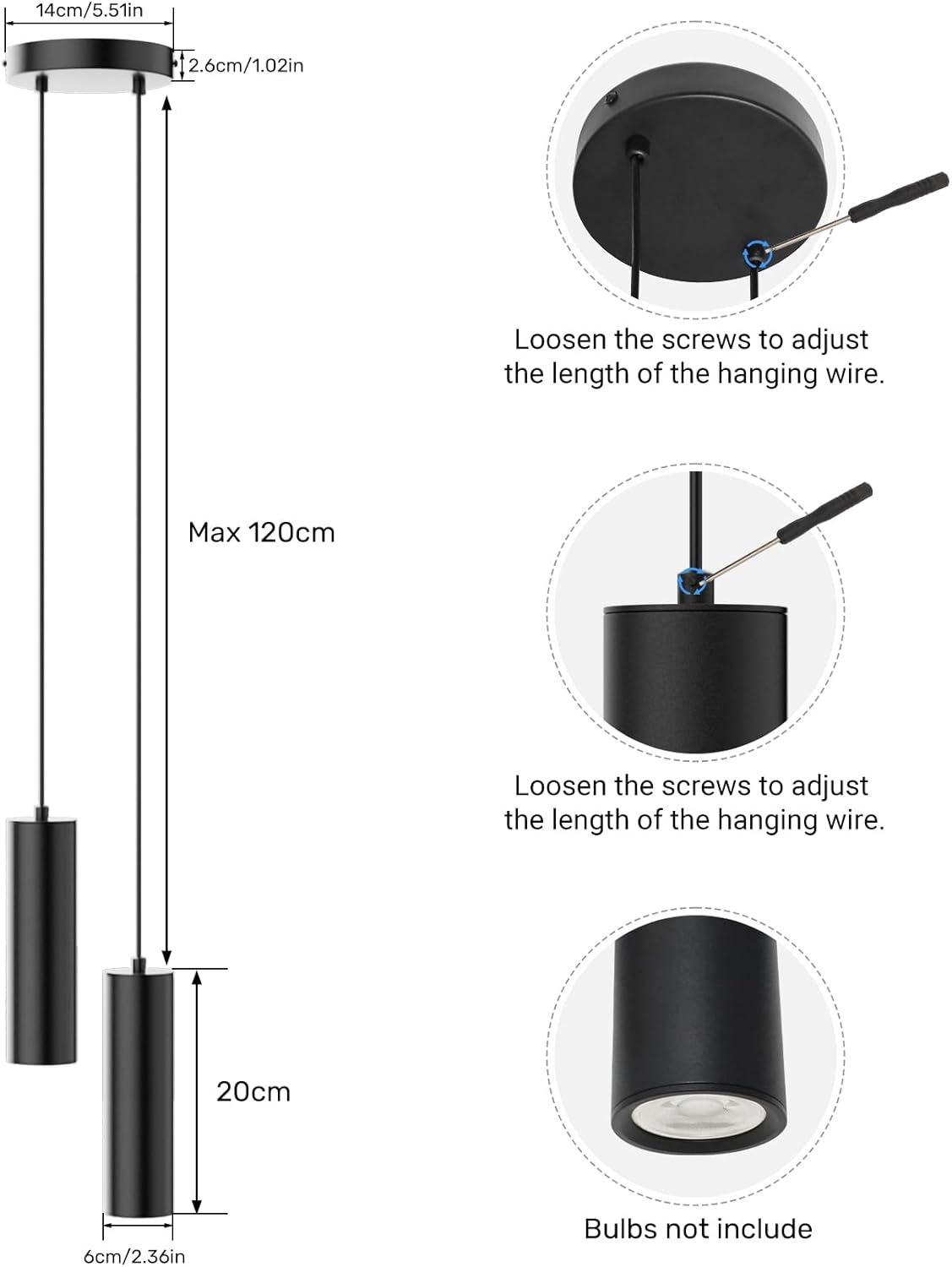 Klighten GU10 Cylindrical 2-Bulb Height Adjustable Pendant Light for Kitchen Bedroom Dining Living Room Black without Bulb image number 4