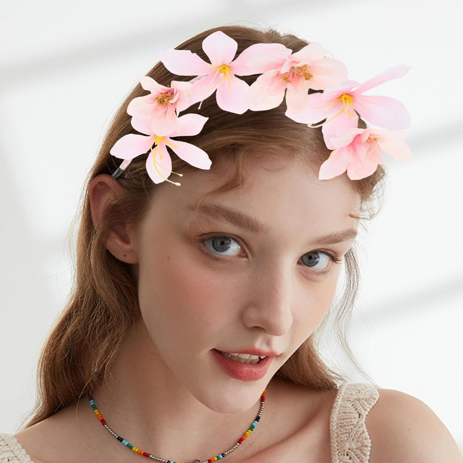 LOGOFUN 4PCS Princess Flower Headbands Elegant Floral Hair Accessories with Simulated Blossoms for Girls Weddings Parties Daily Wear - Pink & Blue image number 1