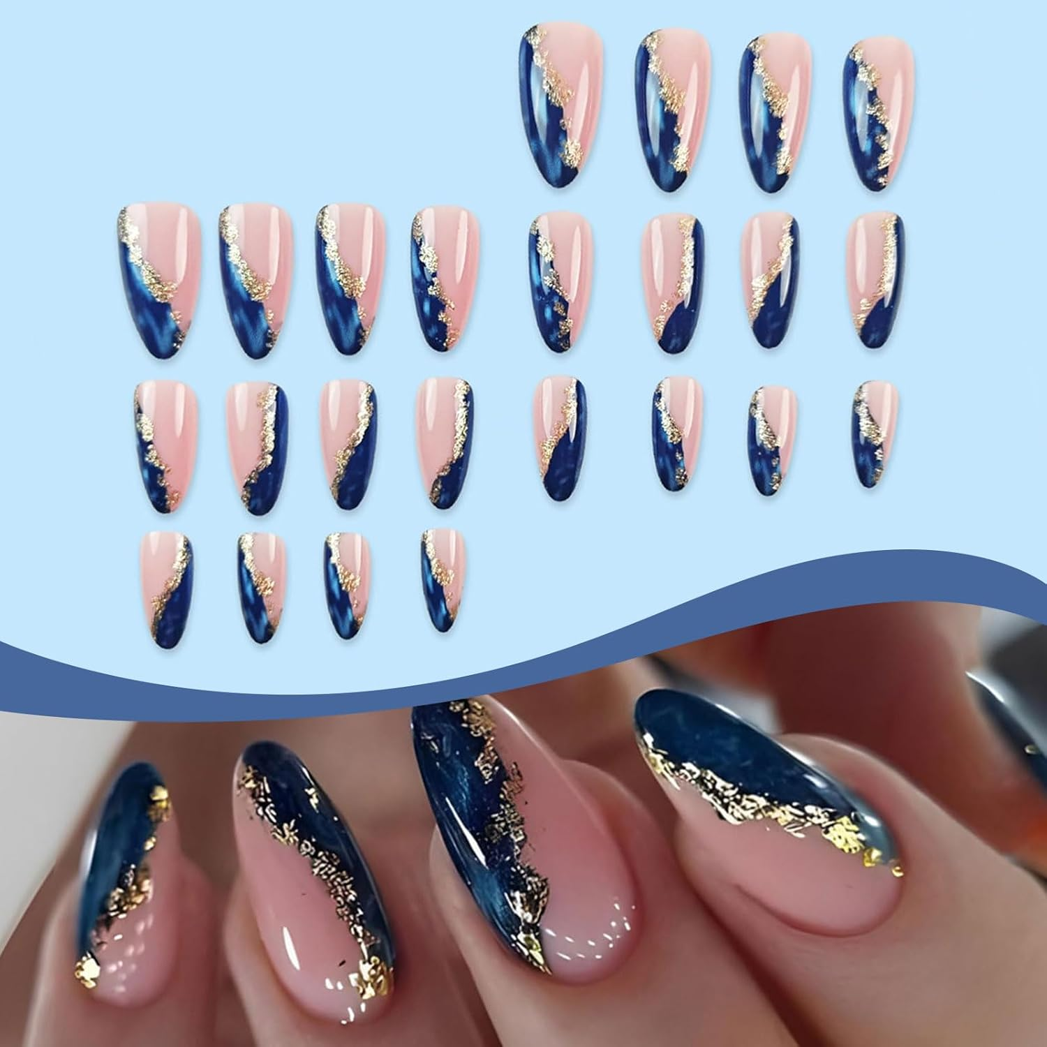 Kabwea 24 Pieces Artificial Acrylic Nails with Gold Foil and Blue Marble, Medium Almond-Shaped Press-On Nails, Fake Nails, Press on Nail image number 5