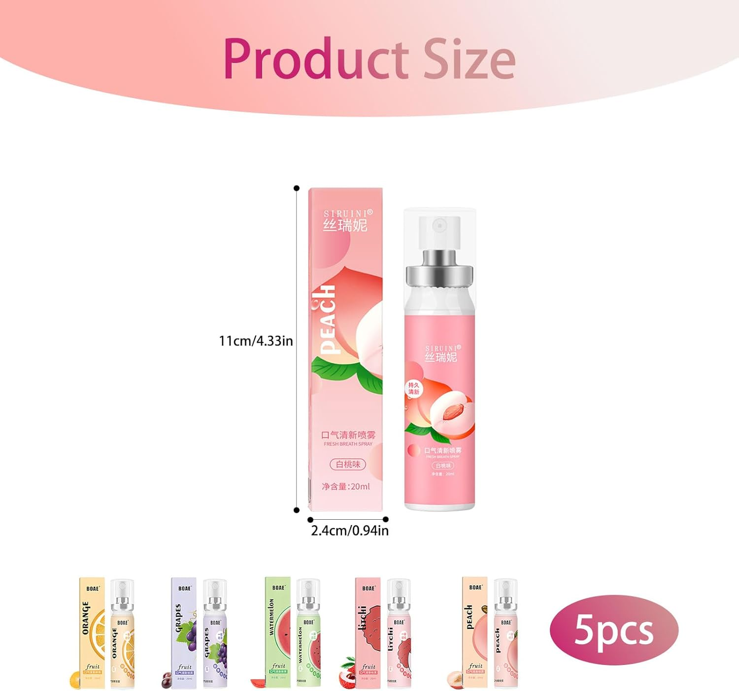 5 Pack Long-Lasting Mouth Spray,5 Fruits Flavors 20Mlbreath Spray, Apply to Fresh Breath and Oral Hygiene Care (Peaches, Lychees, Grapes, Oranges, Watermelons) image number 6
