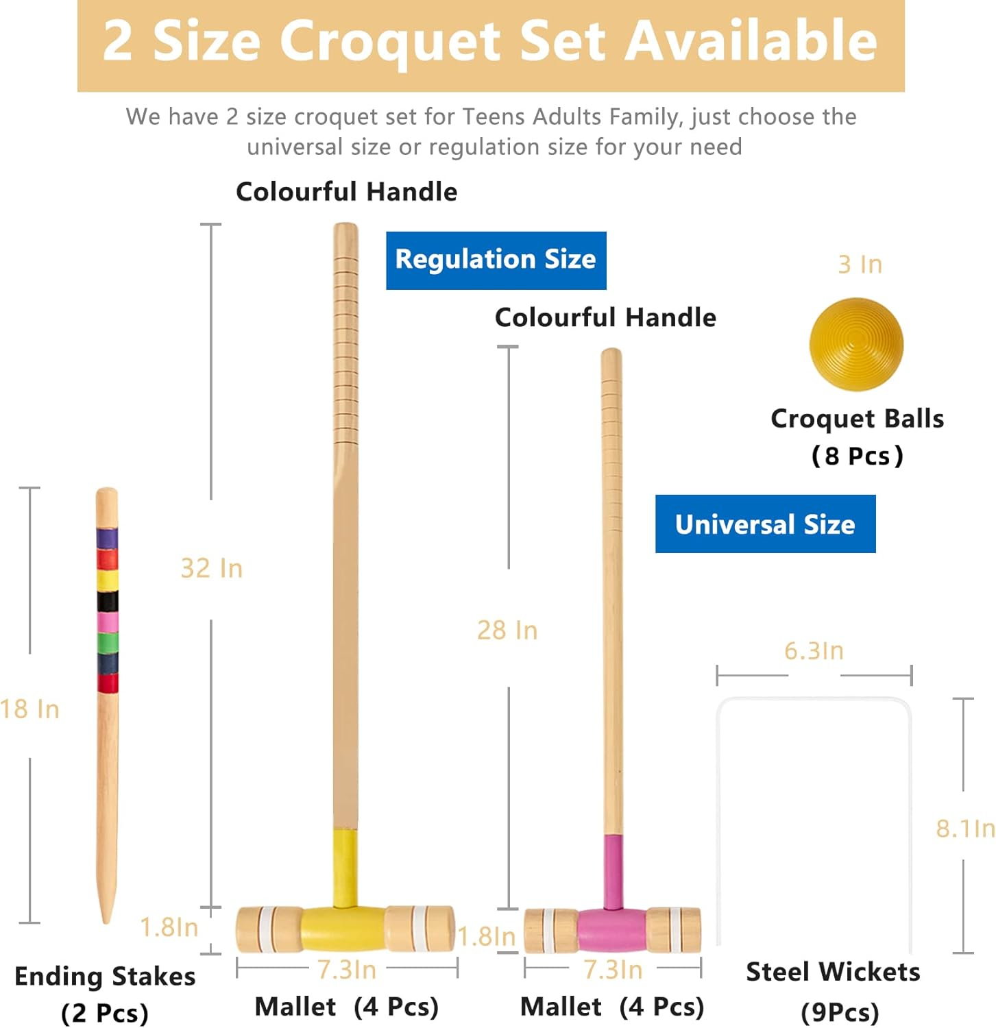 Speedarmis 8 Players Croquet Set with 32In Regulation | 28In Standard Size Rubber Wood Mallets, Colored PE Ball, Wickets, 21In End Stakes - Lawn Backyard Game Set for Teens/Adults/Family