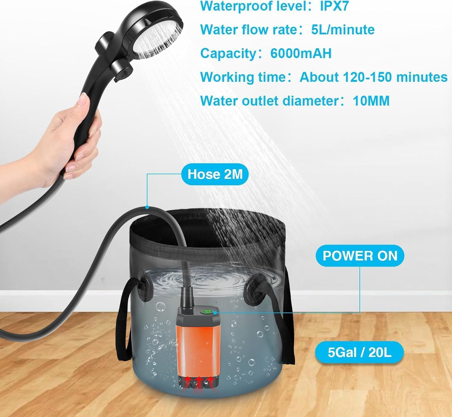 Homodoskey Portable Camping Shower, Upgrade 6000Mah Rechargeable Electric Shower Pump & 20L Collapsible Bucket, LED Display, Multiple Spray Modes, Portable Shower for Outdoor Camping Hiking image number 4