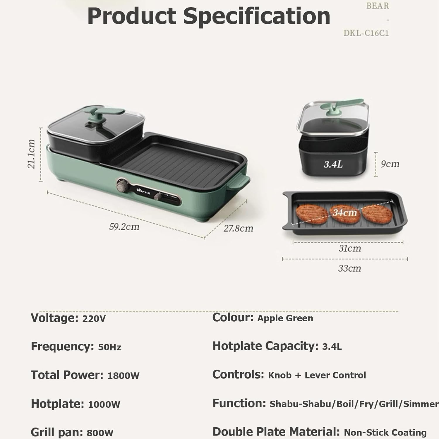 Electric Grill with Hot Pot, 2 in 1 Indoor Non-Stick Electric Hot Pot and Grill Cooker for Korean BBQ, Steaks, Shabu Shabu and Noodles, Independent Dual Temperature Control, Fast Heating, Green image number 3