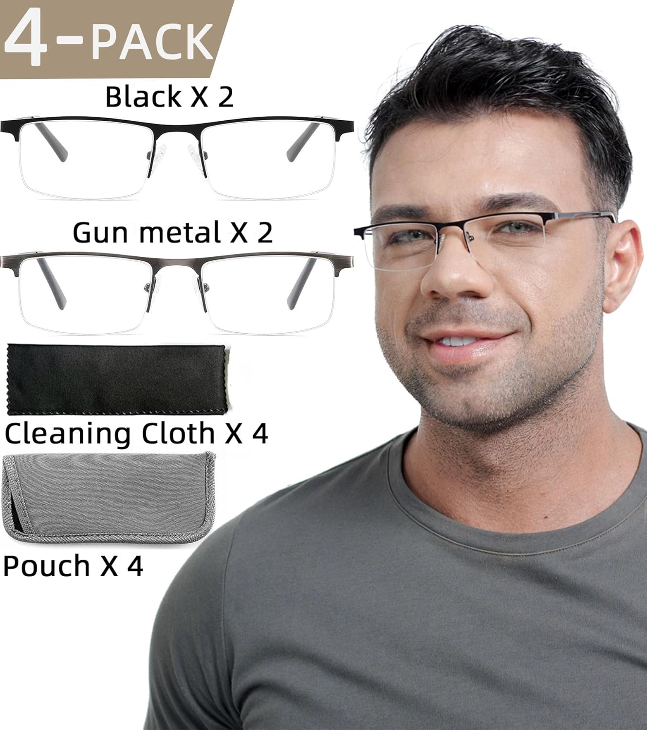 Dilly Vision 4 Pack Blue Light Reading Glasses for Men,Lightweight Metal Rectangle Semi Rimless Readers for Men