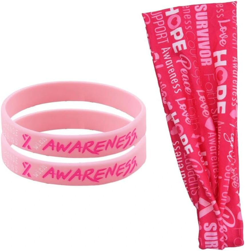Breast Cancer Awareness Headbands Bracelet Set for Women Pink Ribbon Wristband Hair Band for Breast Cancer Month Events