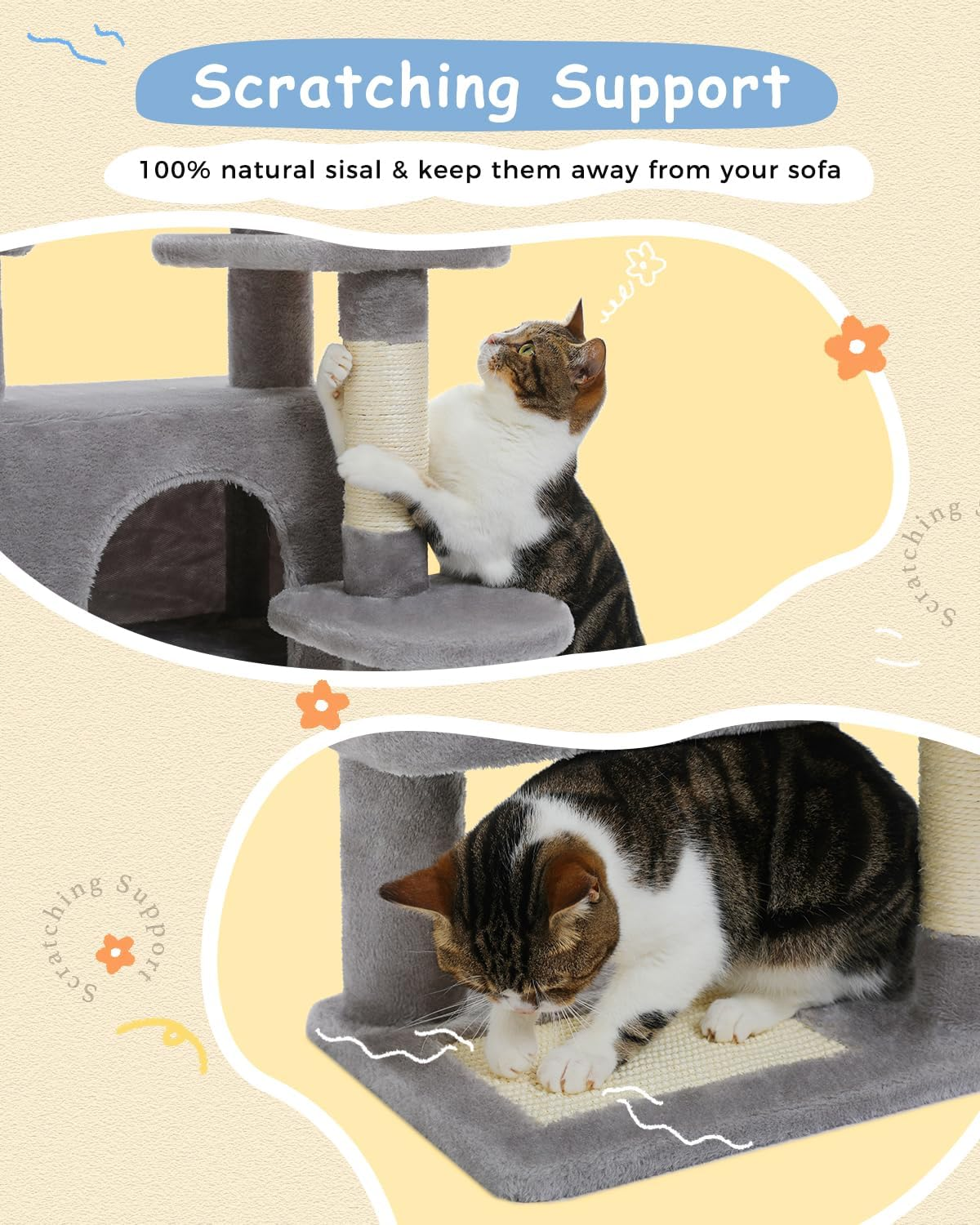 PAWZ Road Cat Tree for Indoor Cats, 88Cm Cat Tower with Top Perch, Cozy Hammock, Large Condo, Scratching Posts and Pad, Kitten Climbing and Dangling Ball image number 3