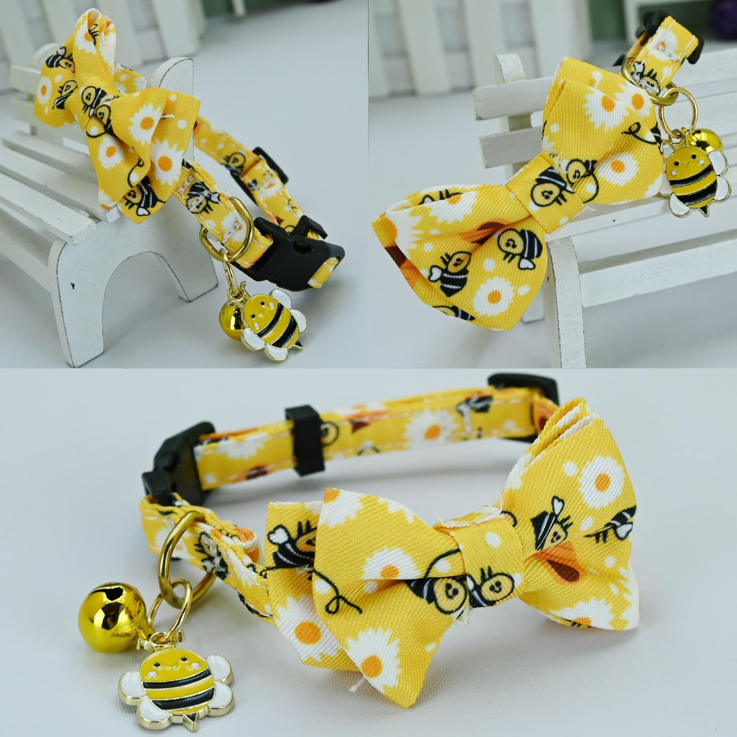 Newtensina Fashion 2 Pieces Cute Bee Dinosaurs Pattern Cat Collar with Bee Dinosaurs Pendant for Cats - Yellowblue image number 1