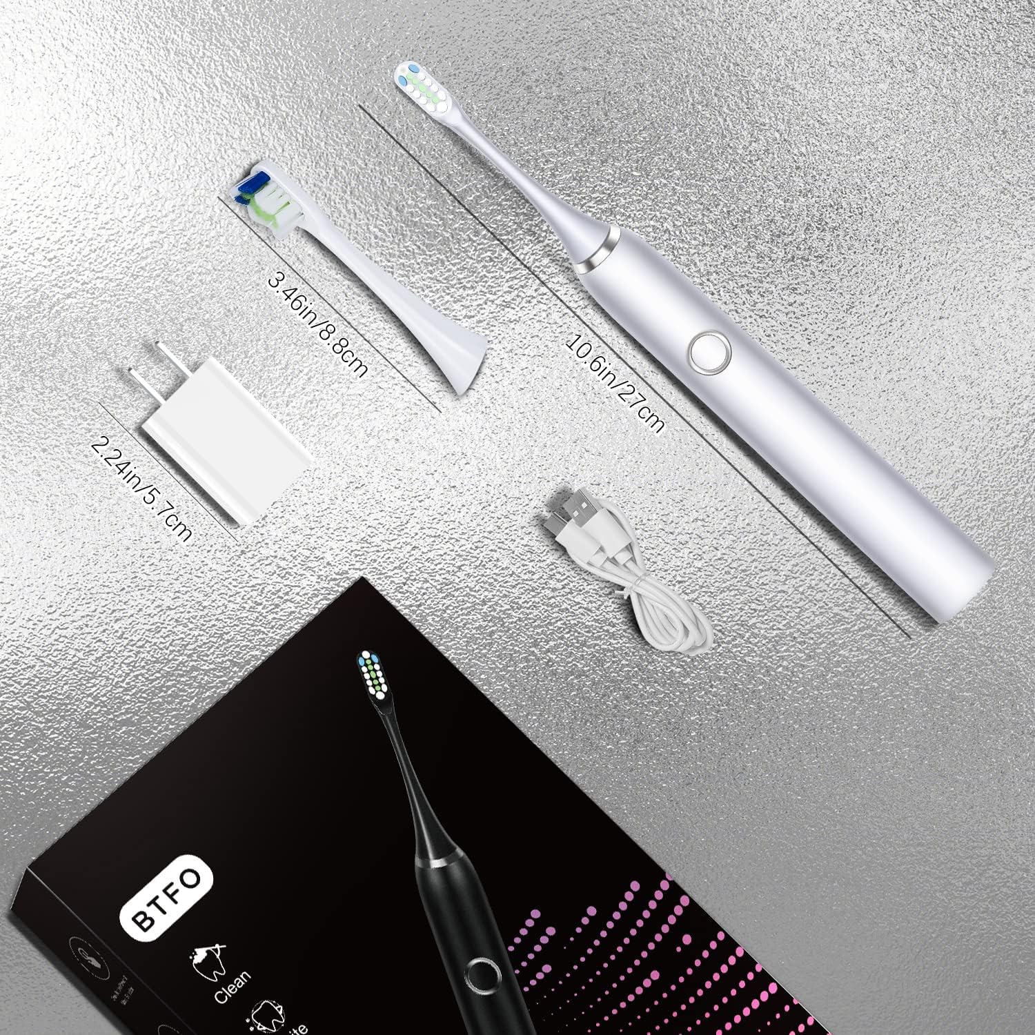 Sonic Electric Toothbrush with 5 Modes, 2Pcs Replacement Brush Heads USB Rechargeable Smart Electronic Toothbrush with Holder for Adults IPX7 Waterproof Smart Timing Fast Charging (White) - Black image number 2