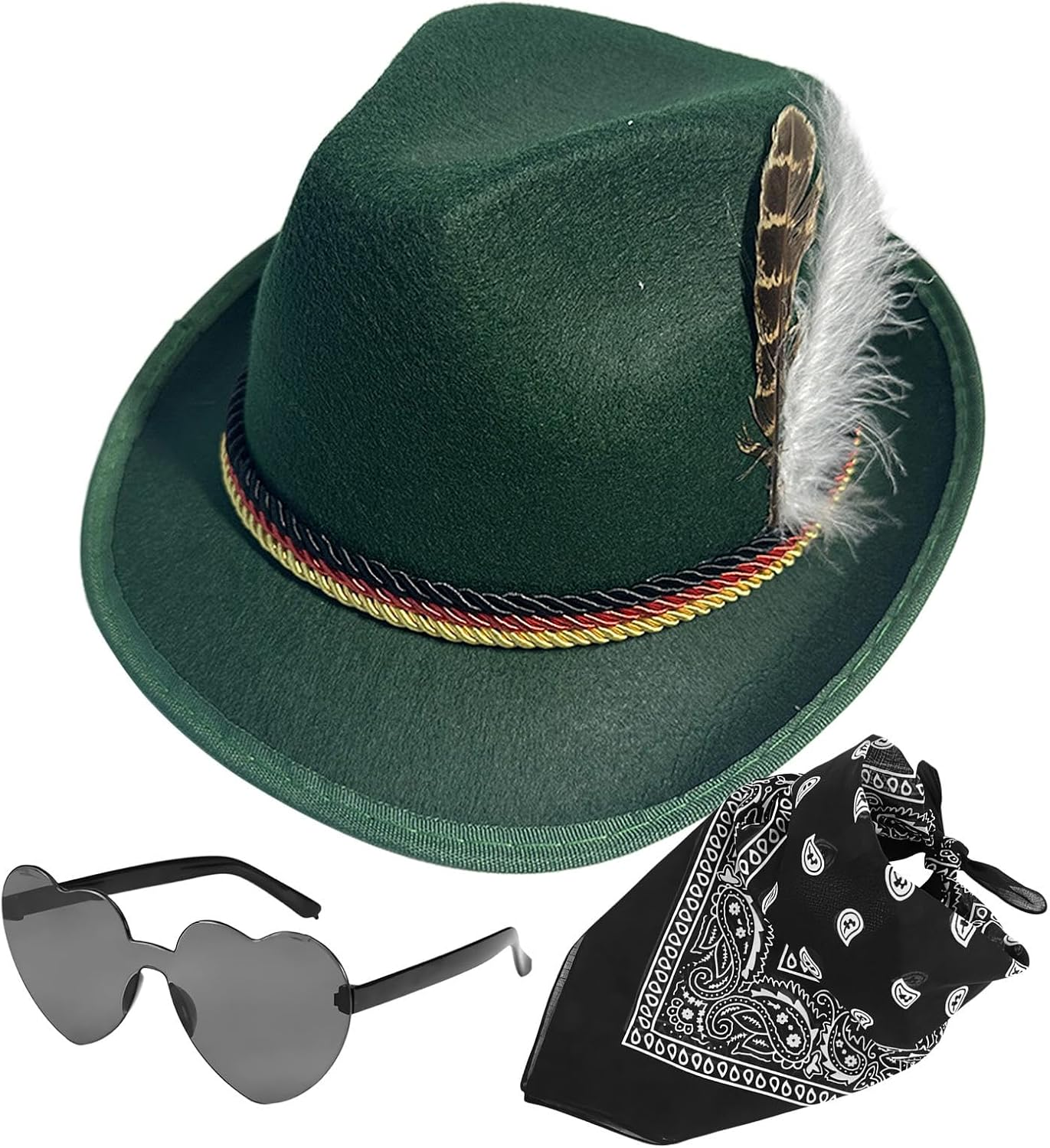 Alpine Hat - 1Set Fedora Oktoberfest Hat with Headscarf, Eyeglasses,Non-Woven German Hunter Hat, Adult German Alpine Bavarian Hat for Adults Cosplay