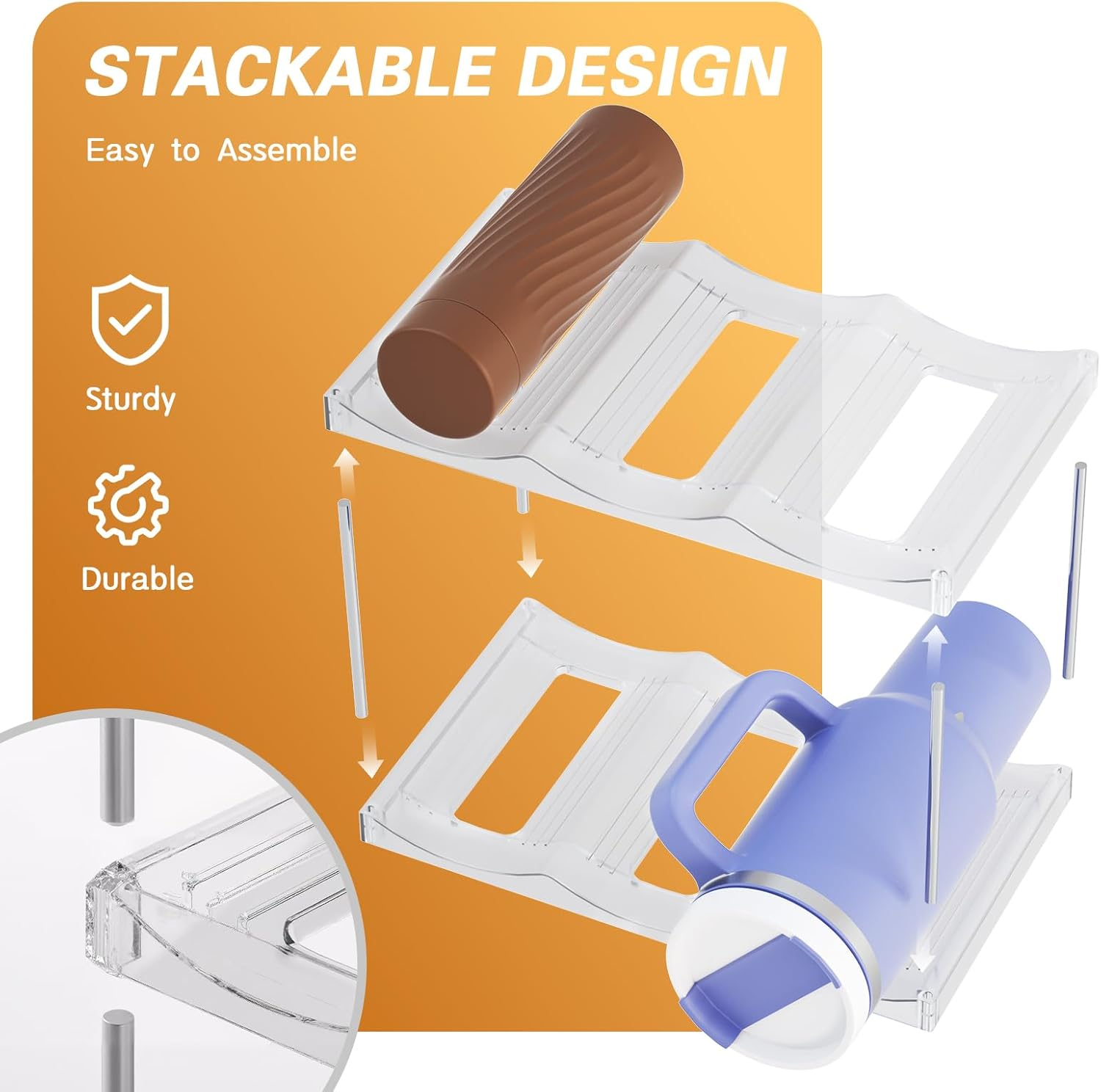 3 Tier Water Bottle Organizer Rack for Cabinet Kitchen Storage & Organisation, Stackable Bin Countertop Holds 9 Bottles Large Capacity Sports Bottles, Wine Rack, Tumbler Travel Mug Cup Holder (Clear) image number 5