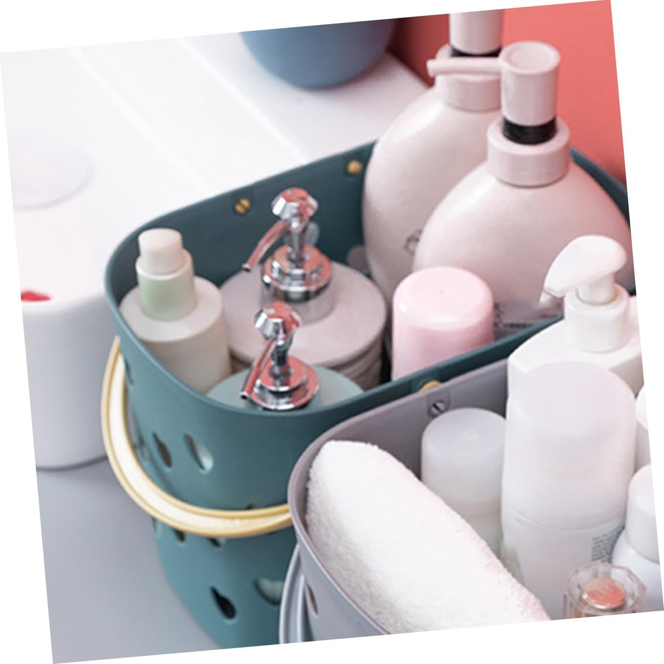 FOYTOKI Portable Hollowed Plastic Shower Basket with Handle for Bathroom Storage Organizer Efficient Drain Design for Towels Soap Makeup and Sundries and Practical Household Storage Holder image number 5