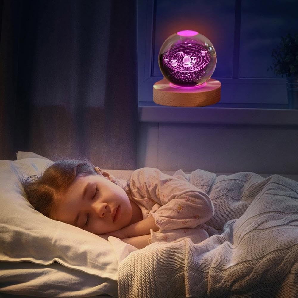 Rynova 3D Saturn Crystal Night Light for Kids Glass Night Lamp with Wooden Base Fantasy Decoration Crsytal Ball Saturn LED Galaxy Planet Nightlight Bedroom Decor image number 4