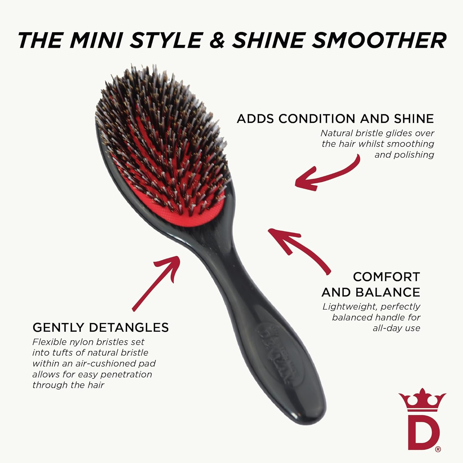 Denman Cushion Hair Brush (Small) with Soft Nylon Quill Boar Bristles - Porcupine Style for Grooming, Detangling, Straightening, Blowdrying and Refreshing Hair &ndash; Black, D81S image number 5