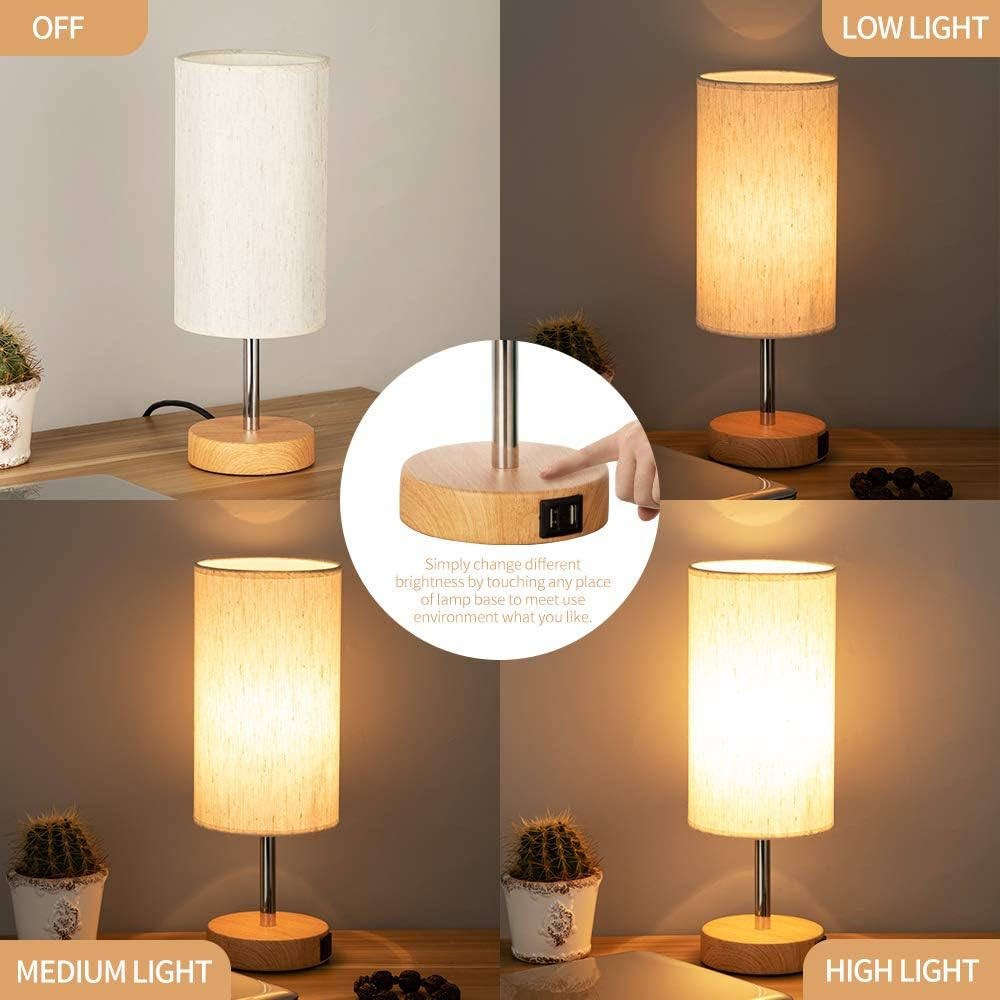 Bedside Lamps with USB Port - Touch Control Table Lamp for Bedroom Wood 3 Way Dimmable Nightstand Lamp Set of 2 with round Flaxen Fabric Shade for Living Room, Dorm, Home Office (2 Pack) image number 6