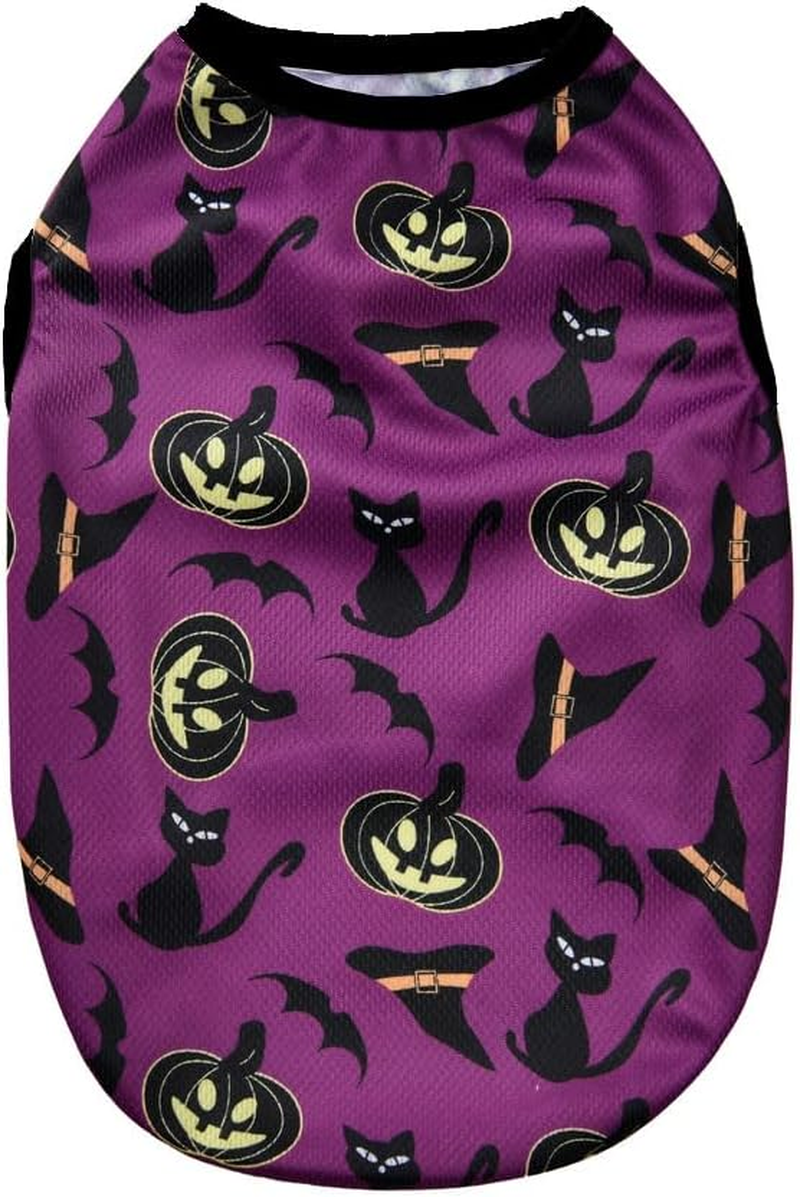Halloween Dog Clothes Pumpkins Spider Web Bats Printed Dog Vest Cat Skin Friendly Fitted Outfits (Purple, XL)