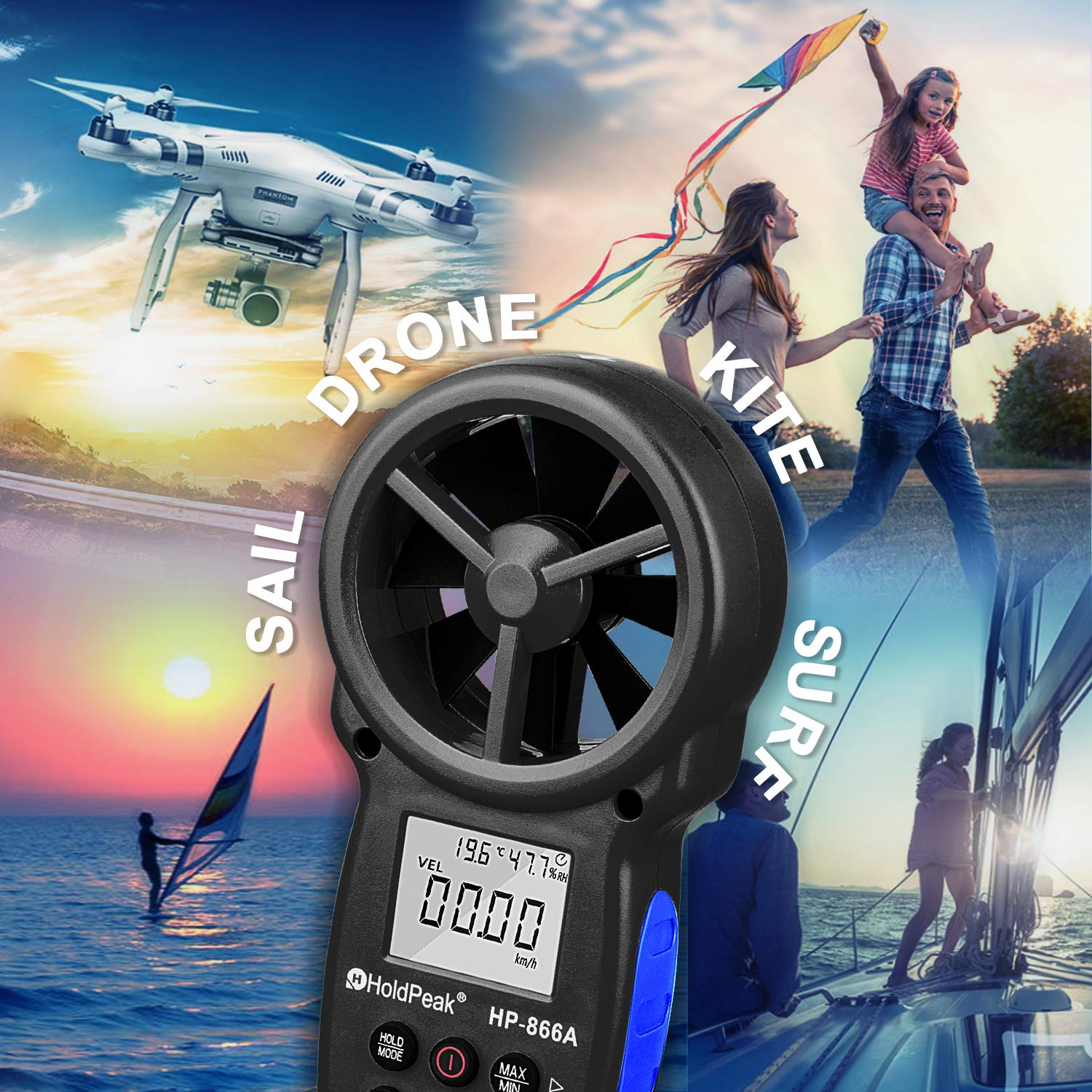 Digital Anemometer Handheld HVAC HP-866A Pro CFM Wind Speed Meter PC Connect Measures Wind Speed Temperature Dew Point Air Flow Meter with Data Hold & USB & Relative Humidity image number 4