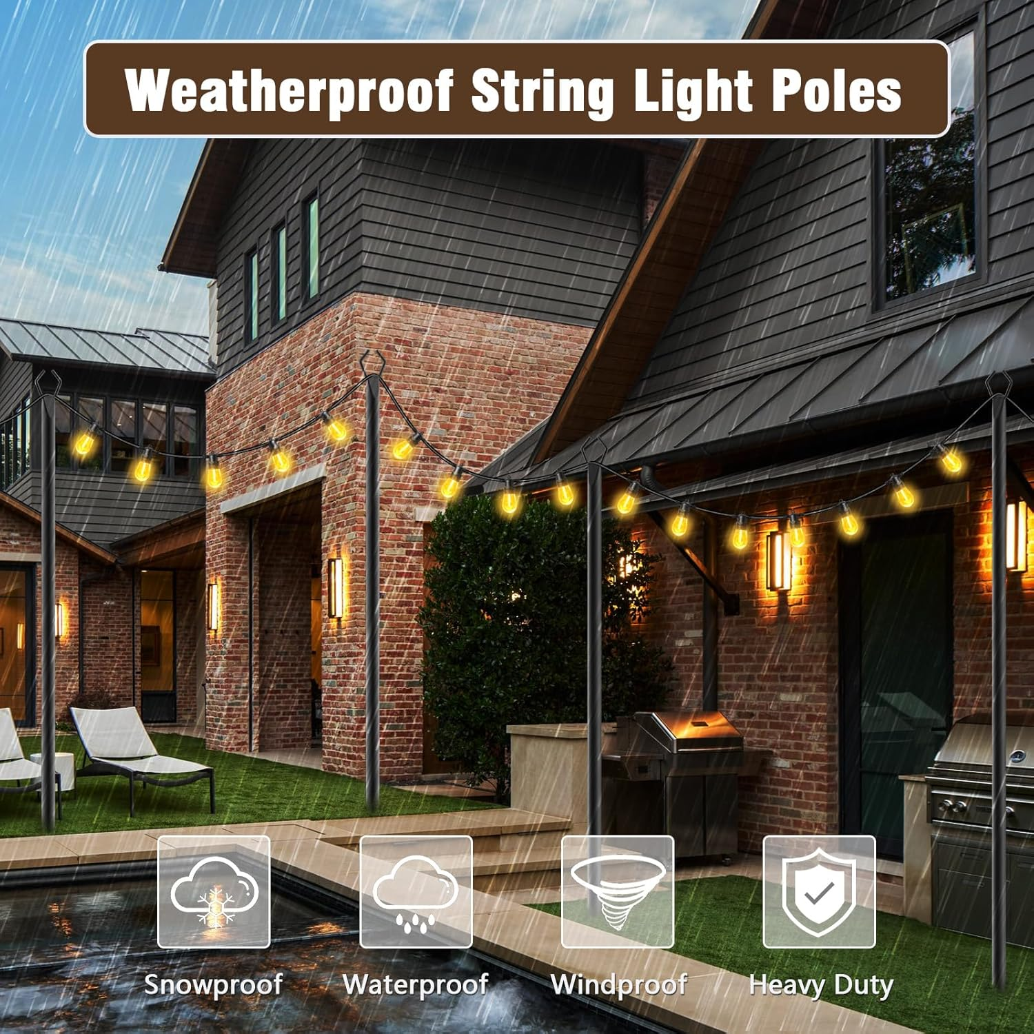 10Ft String Light Poles 4 Pack,Light Poles for outside Lights,Outdoor with Fence Brackets Hanging Lights,Metal Stand Deck Patio Backyard image number 4