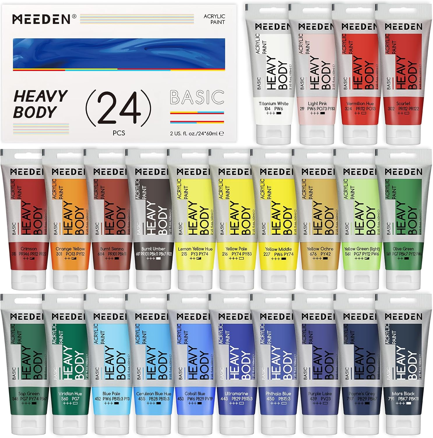 MEEDEN Heavy Body Acrylic Paint - Basic 24 X 60Ml (2 Oz) Color Paint Set for Adults - Rich Pigment Art Craft Paints for Canvas Rock Wood