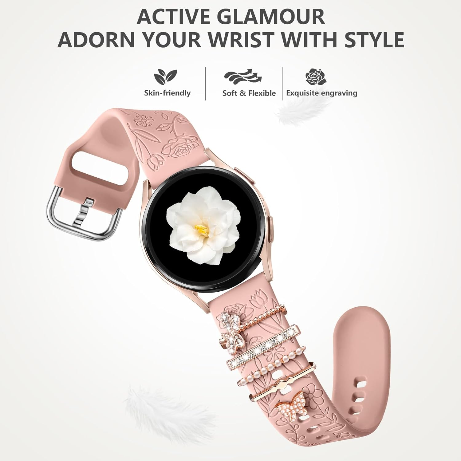 Getino Flower Engraved Band Compatible with Samsung Galaxy Watch 7 Band/Fe 6 5 4 40Mm 44Mm,Galaxy Active 2, 20Mm Watch Band Soft Silicone Replacement Strap with Decorative Charms Accessories Women - Milktea Love image number 4