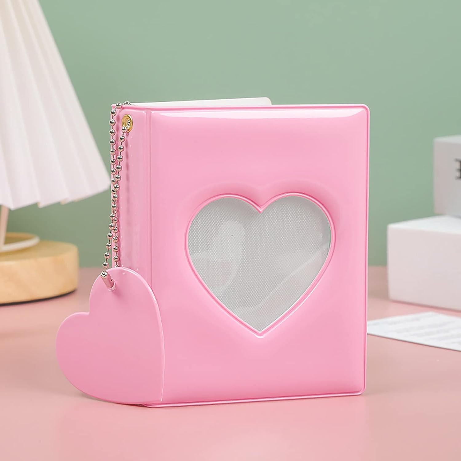 3 Inch Kpop Photocard Holder Book Mini Photo Album Mirror-Like Photocard Binder Small Photo Card Book Love Heart Hollow Photocard ID Holder with Love Heart Pendant 32 Pockets (Pink)