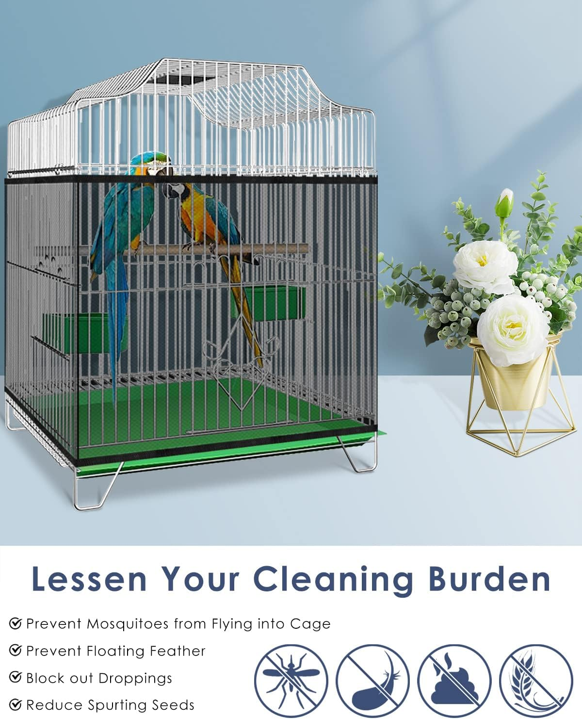 Bissap Bird Cage Seed Catcher, Universal Birdcage Net Nylon Adjustable Elastic Band Stretchy Skirts Mesh Cover for Parrot Cage Seed Guard (Not Include Birdcage)- Black image number 6