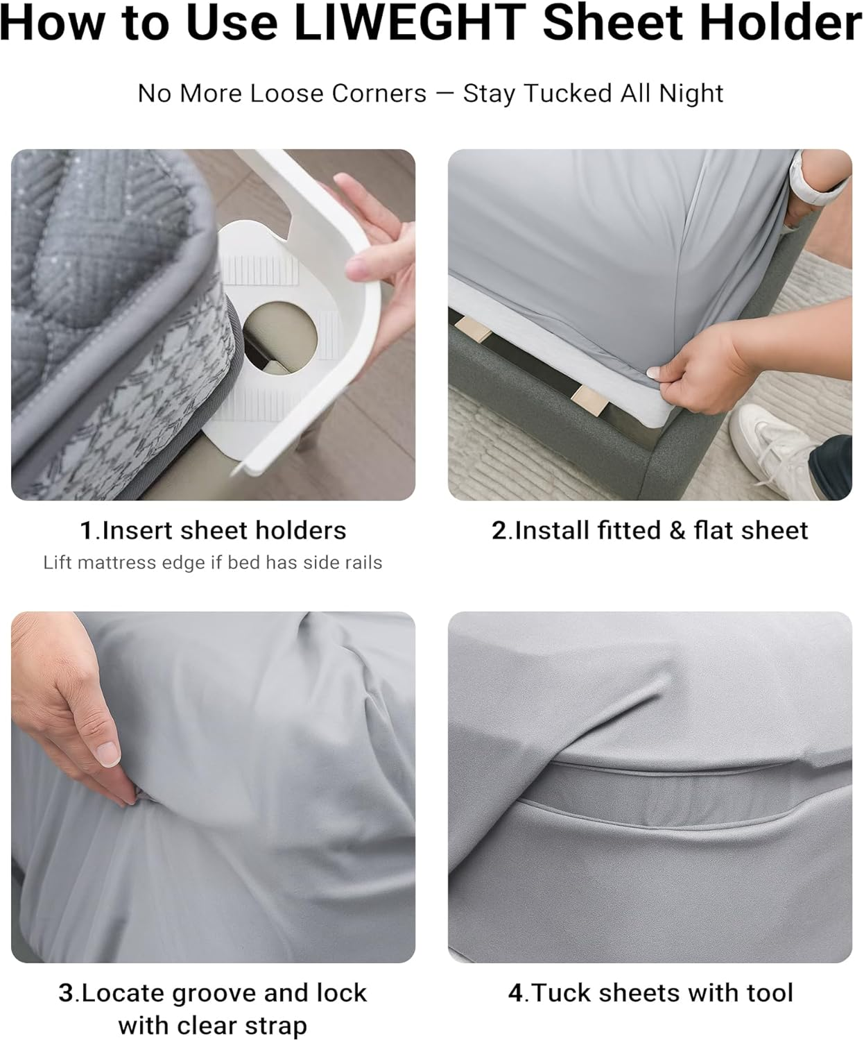 LIWEGHT Lock Sheet Holders Set, 4 Pack Bed Sheet Holders for Corners, Fitted Sheet Lock Straps and Anti-Slip Base Keep Sheets Firm & Tight, Heavy Duty Sheet Locks for Mattress (White) image number 6