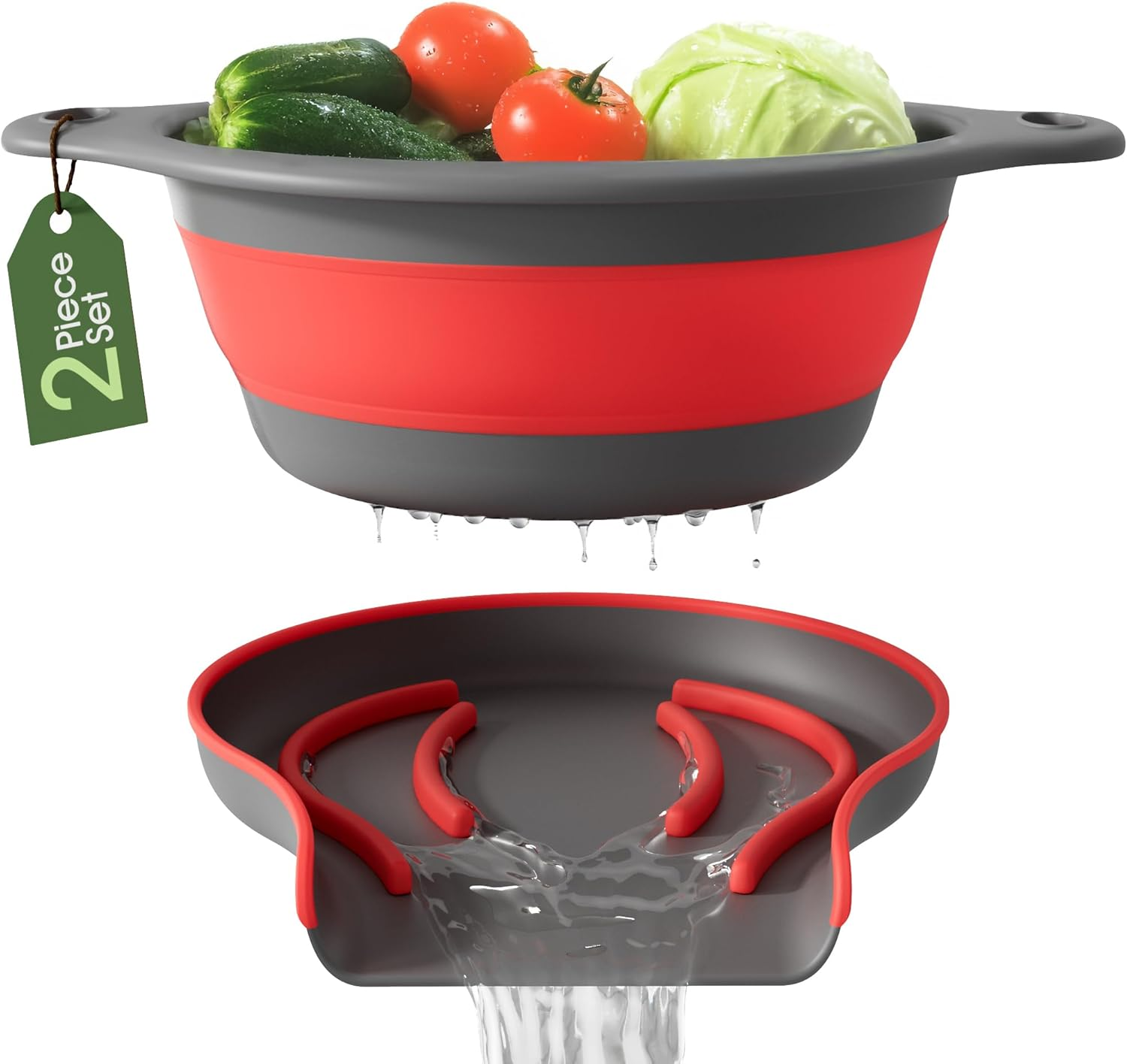 Collapsible Colander Food Strainer with Over-Sink Self Draining Base for Pasta Fruits and Vegetables, round Foldable Draining Basket Grey/Red image number 5