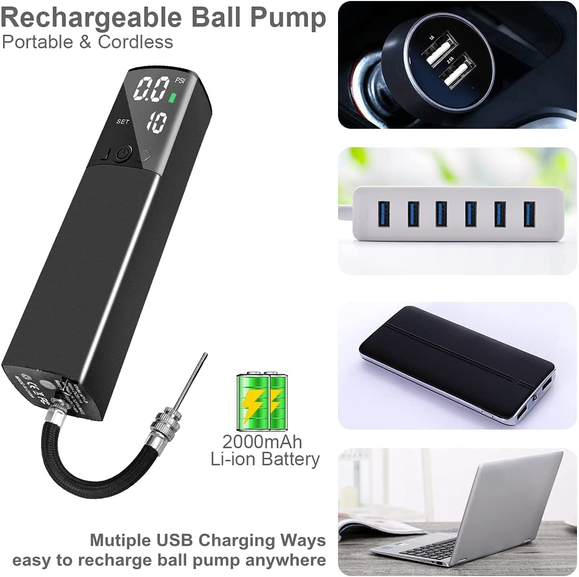 Electric Ball Pump, Smart Air Pump Portable Fast Ball Inflation with Precise Pressure Gauge and Digital LCD Display for Football Basketball Volleyball Football (2 Pin and 1 Spout) image number 4