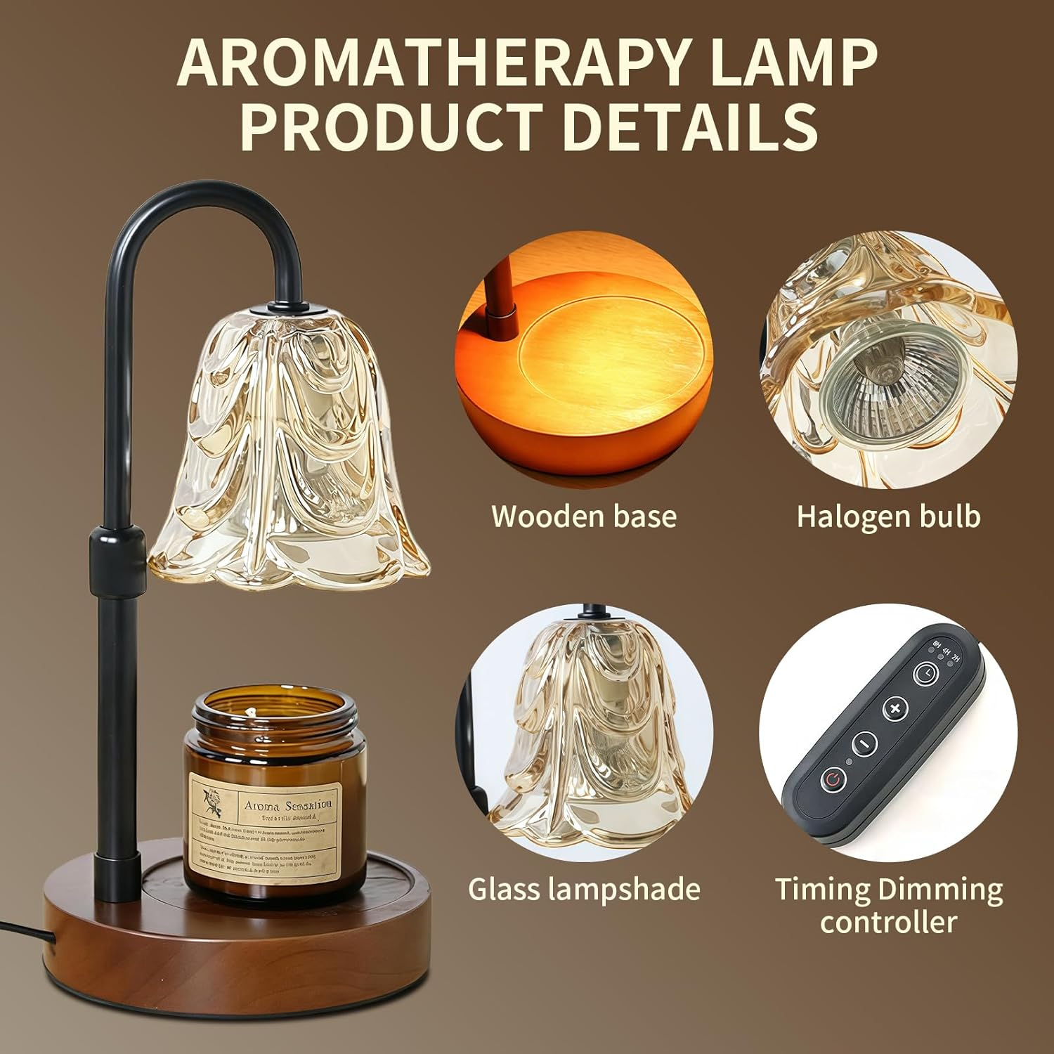 Candle Warmer Lamp with Timer and Dimmer, Adjustable Height Vintage Wax Warmer - Halogen Bulb, Retro Wood Base & Glass Shade, Elegant Table Lamp for Home Bedroom Office Decor image number 6