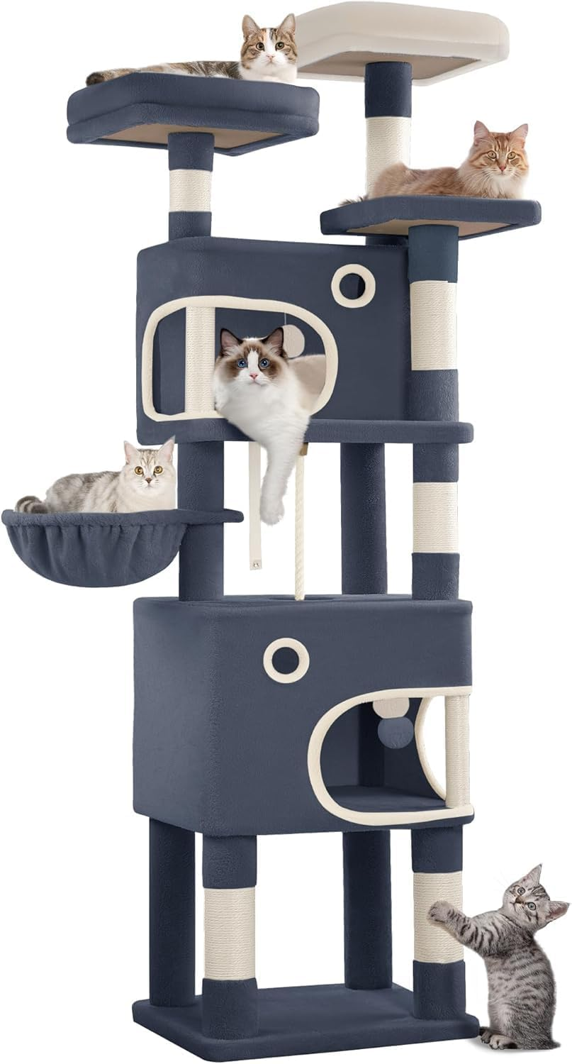 Hzuaneri Cat Tree for Indoor Cats, Cat Tower, Multi-Level Cats Condo with 8 Scratching Posts, 3 Platforms, 2 Caves, Basket, Plush Balls, Sisal Rope, Anti-Tip Kit, 180Cm Dark Gray MS18018SG image number 5
