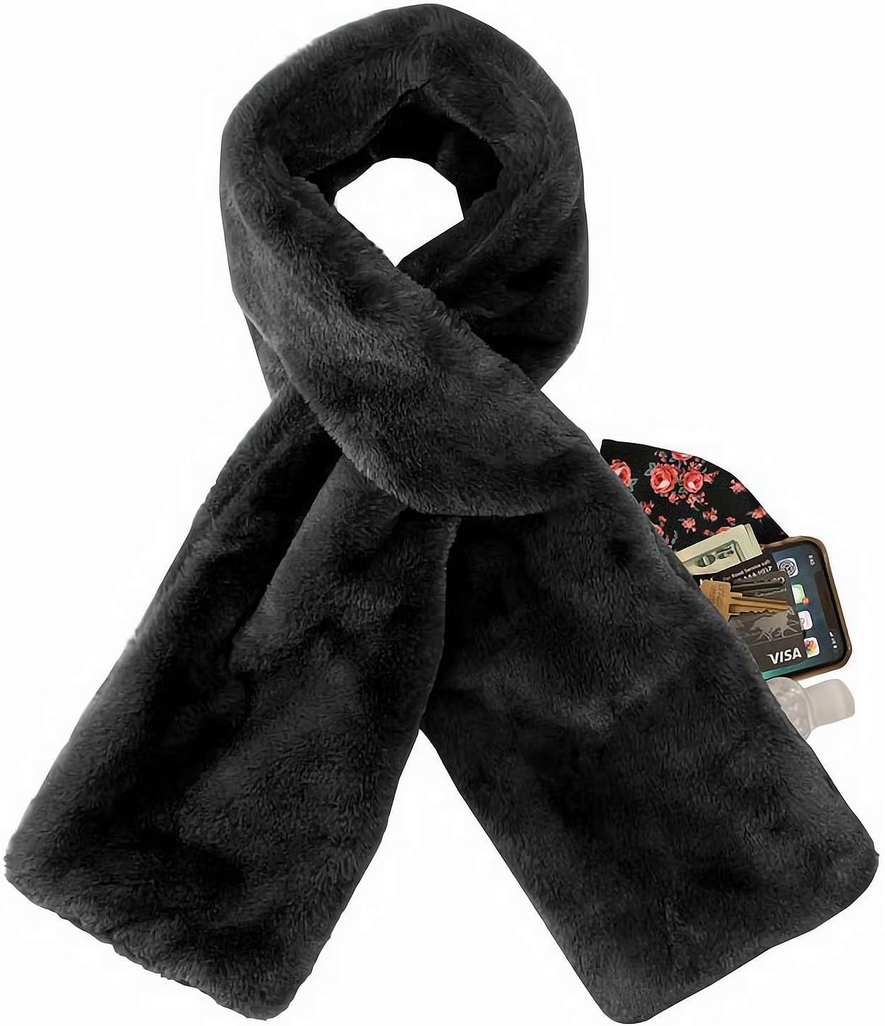 Faux Fur Pull through Scarf with Hidden Zipper Pocket, Soft Cozy Warm Pocket Scarf for Hands-Free Storage Phone & Valuables