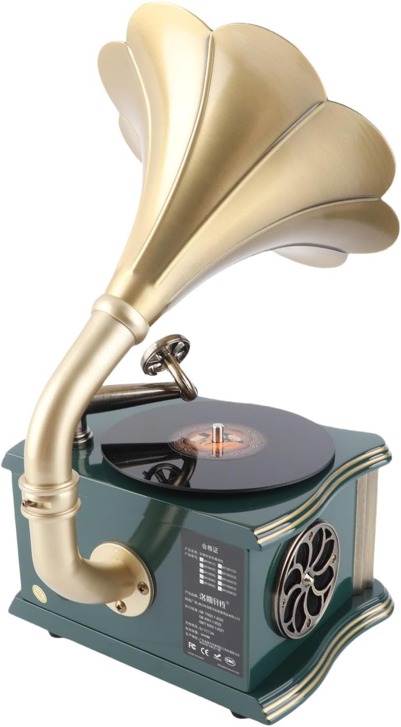 Phonograph Record Player, Retro Gramophone Bluetooth Player with Remote Control, Mini Record Player Gramophone Turntable for Home Decoration (Green) - White image number 2