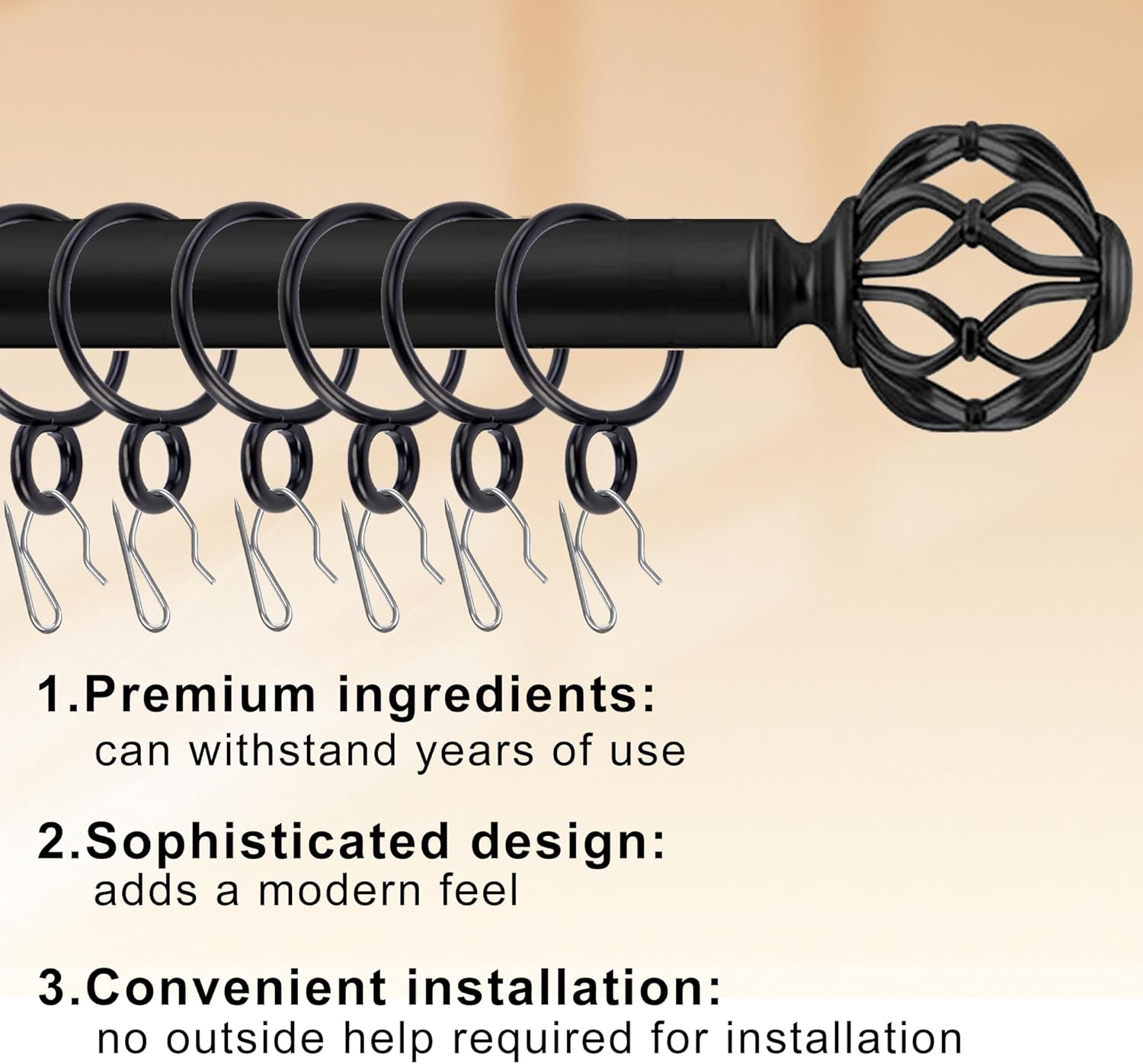 MEILANHUI 50 Pcs Curtain Rings with Hooks, Black Curtain Rings with Metal Curtain Hooks for Drapes 30 Mm Internal Diameter Curtain Hooks for Window Door Shower Bathroom Rings image number 4