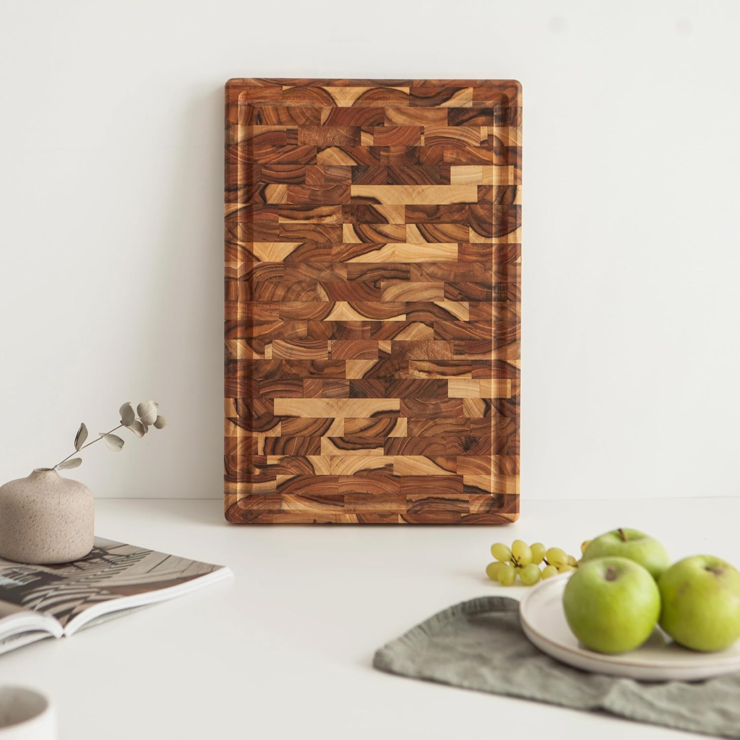 Erreke Teak Wood End Grain Cutting Board (XL, 17.5X12X1.5"), Large and Thick Wooden Cutting Boards for Kitchen with Juice Groove, Comfortable Hand Grip, Reversible Use on Both Sides, High Durability image number 4
