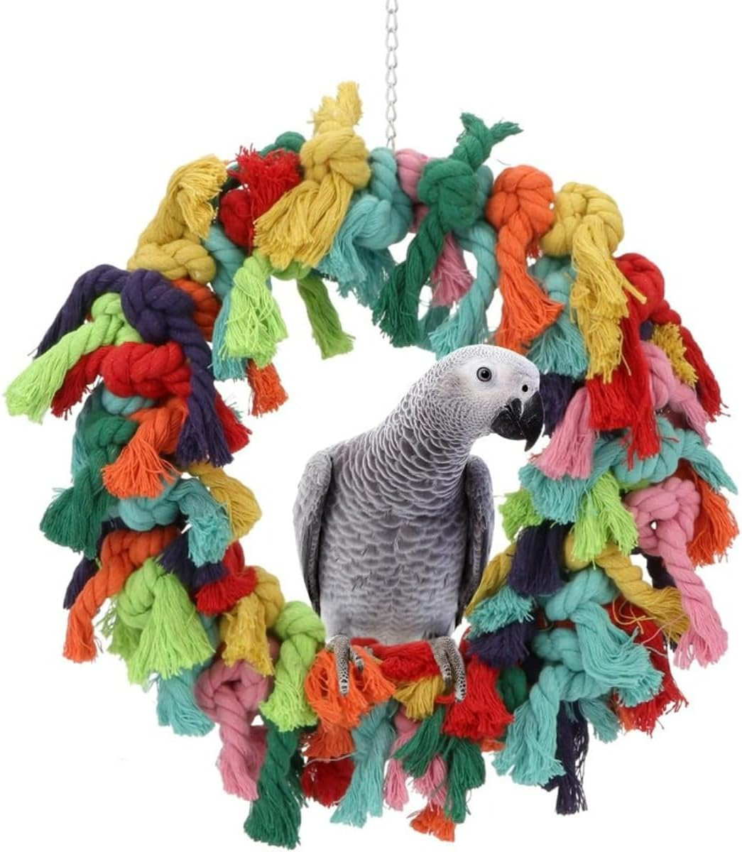 AIMALL Large Cotton Rope Ring Bird Toy for Parrots - 11.8 Inch, Colourful Parrot Swing and Biting Chew Toy, Fun Bird Activity Ring, 366G