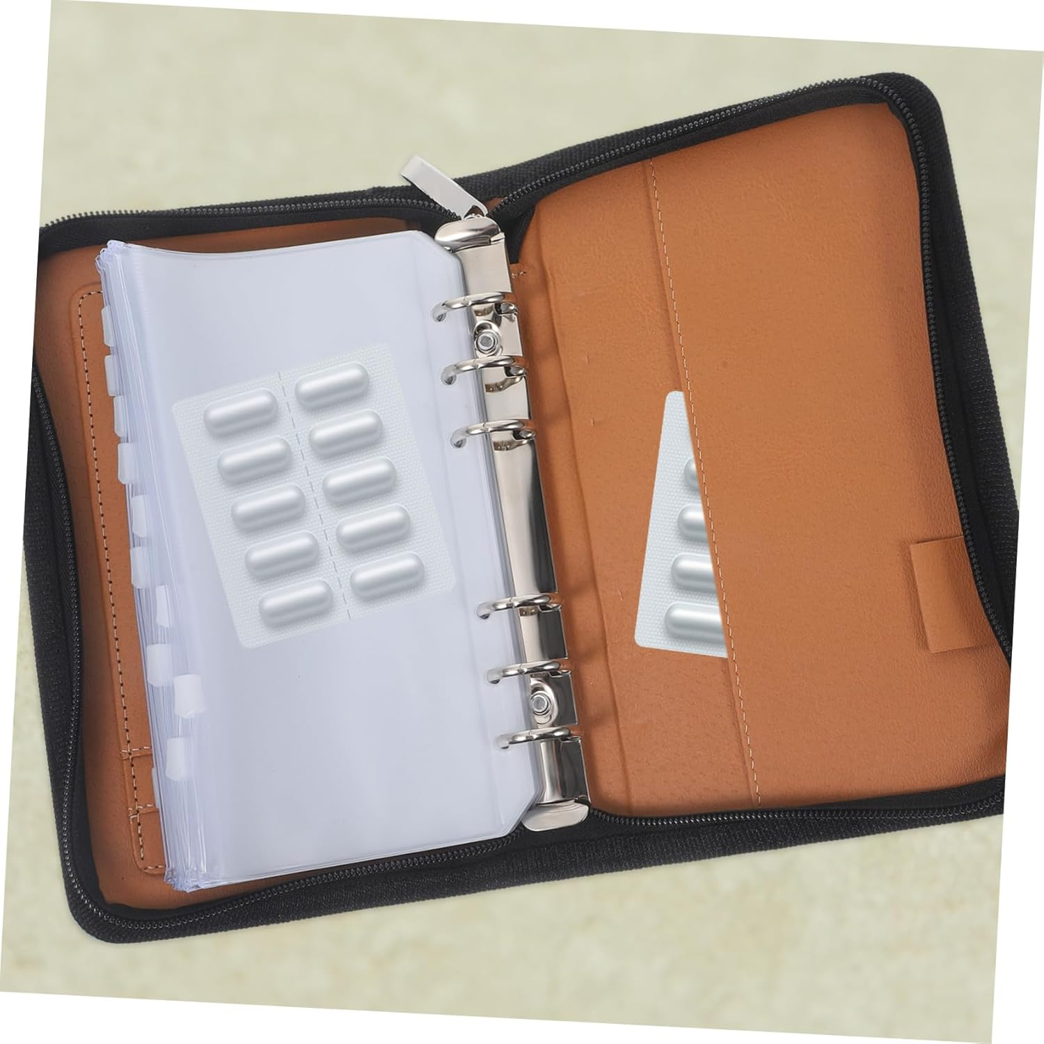 Waterproof Travel Medicine Organizer Pouch, Portable Pu Loose-Leaf Pill Storage Case 8.27 X 5.12 Inch 6 Zipper Pocket Holders, Green Travel Medication Bag for Daily and Trip Use image number 4