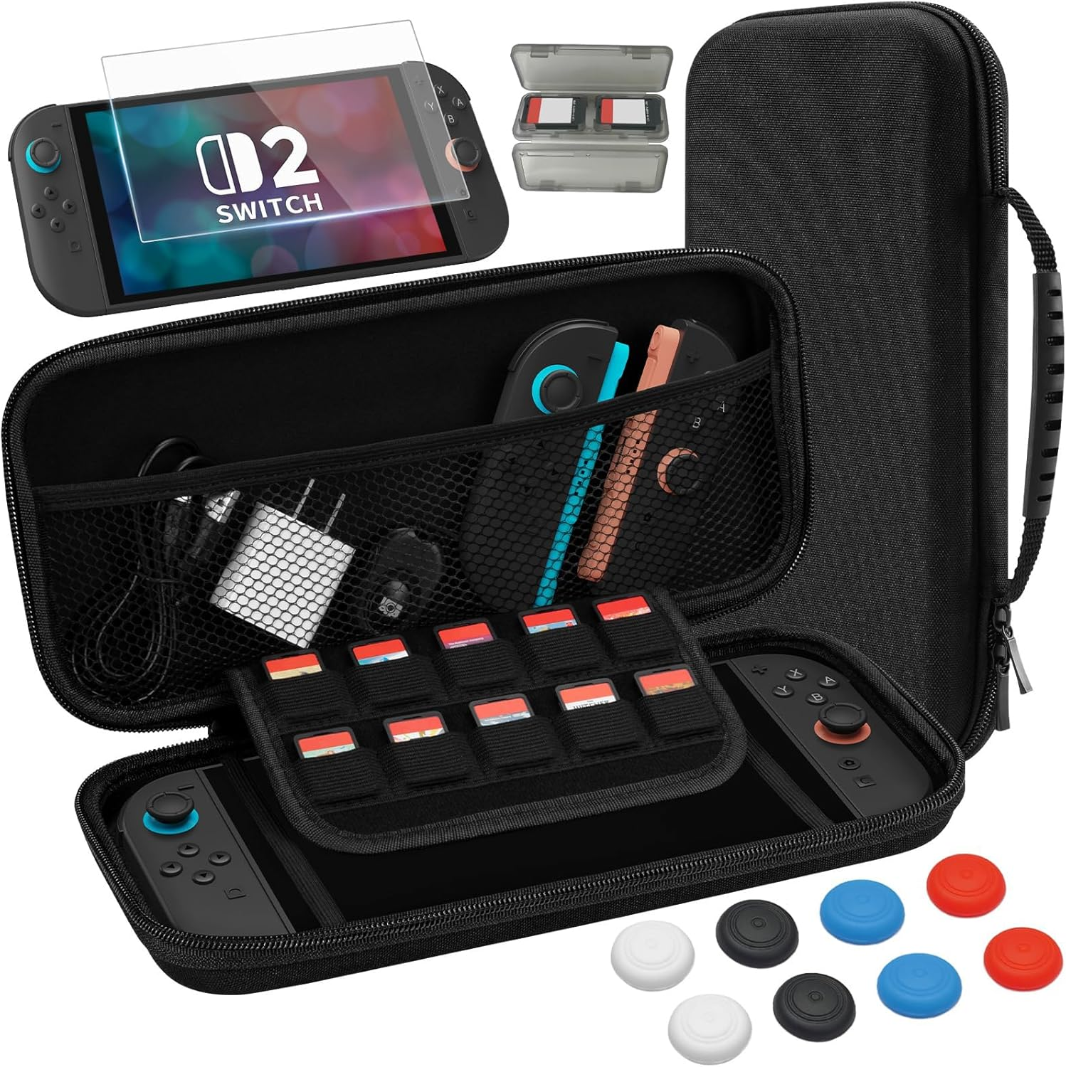 Slim Case and Screen Protector for Nintendo Switch 2, Travel Switch Carrying Hard Shell Case Accessories, Switch2 Carry Cases with Tempered Glass, Thumb Grip Caps, 10 in 1 Bundle Set - Black