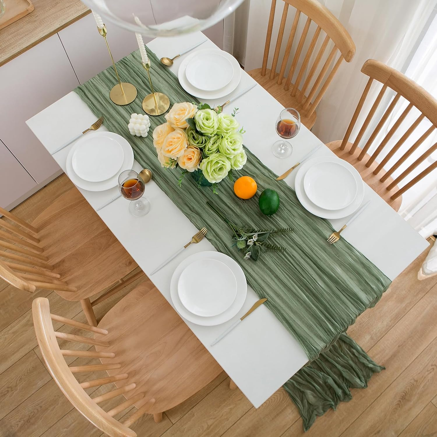 CHUQING Cheesecloth Table Runner Sage Green 27 X 118 Inch Cheese Cloth Boho Rustic Gauze Table Runner for Wedding Spring Easter image number 3