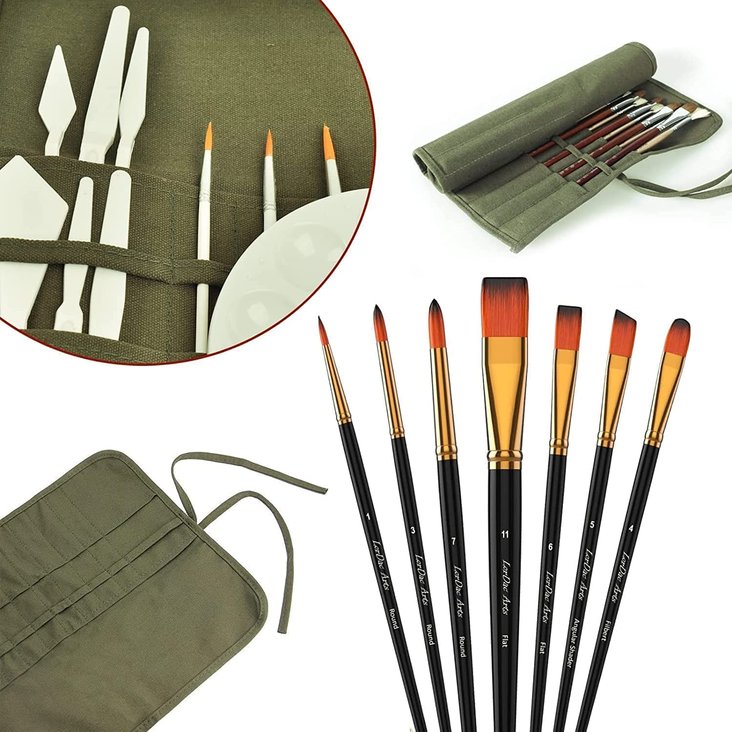 Paint Brush Roll Canvas Pouch, Army Green 22 Slots Holder, Artist Acrylic Oil Watercolour Case, Student Draw Pen Gouache Storage Bag image number 2