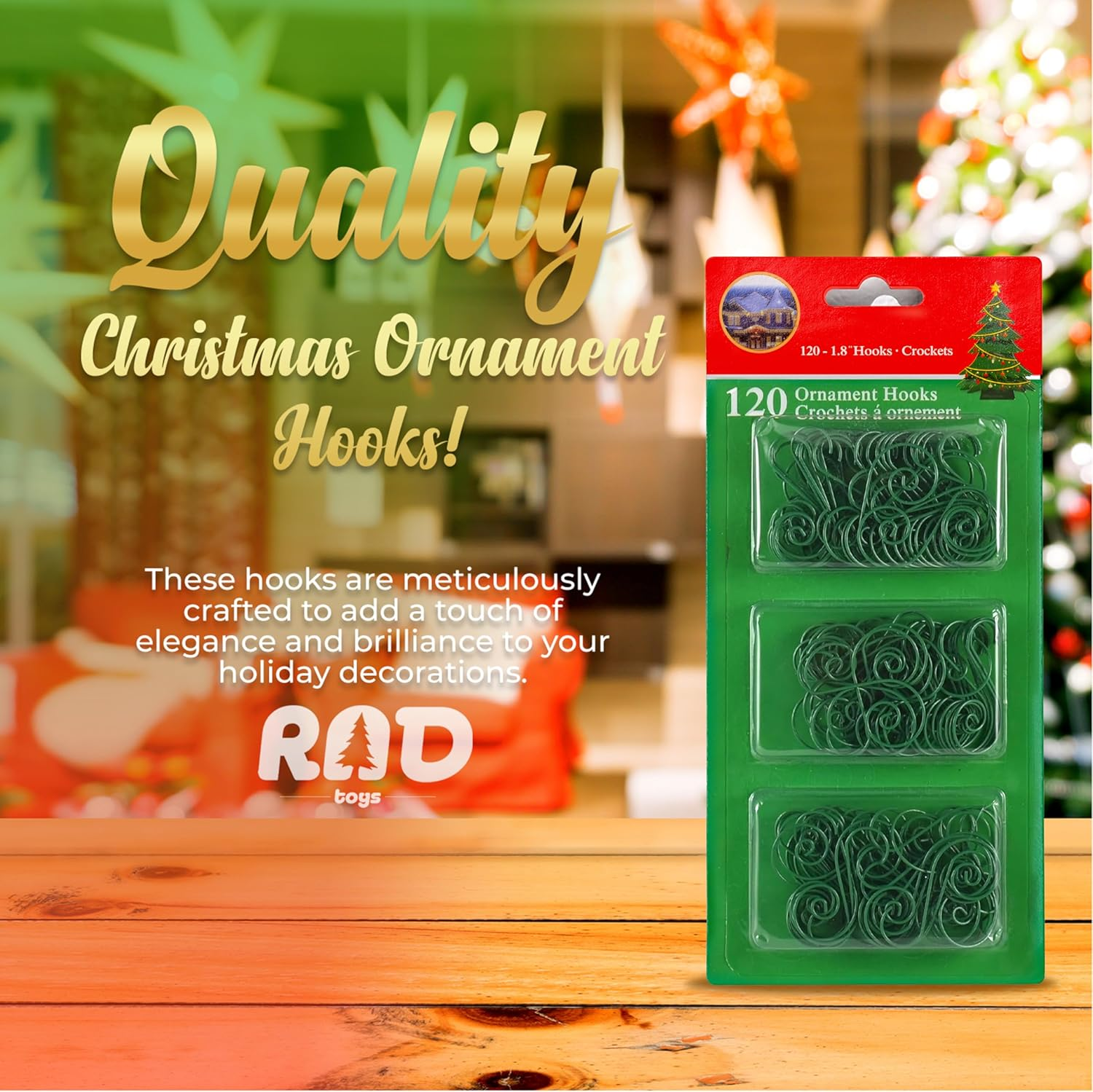 R N' D Toys Green Tree Ornament Hooks - Christmas Tree Gold Decorating Metal Wire Hangers for Hanging Decorations - Pack of 120 image number 1