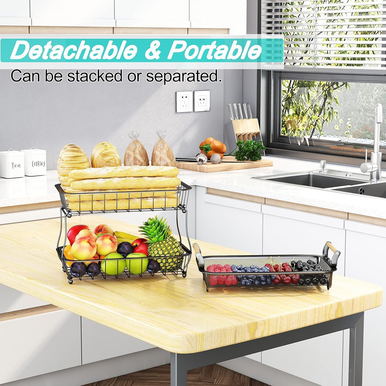 Fruit Basket, 3 Tier Fruit Bowl with 2 Banana Hanger, Kitchen Countertop Rack, Vegetable Counter Holder, Large Metal Bowls Perfect for Holding Fruits, Vegetables, Snacks, Cupcakes, Black image number 4