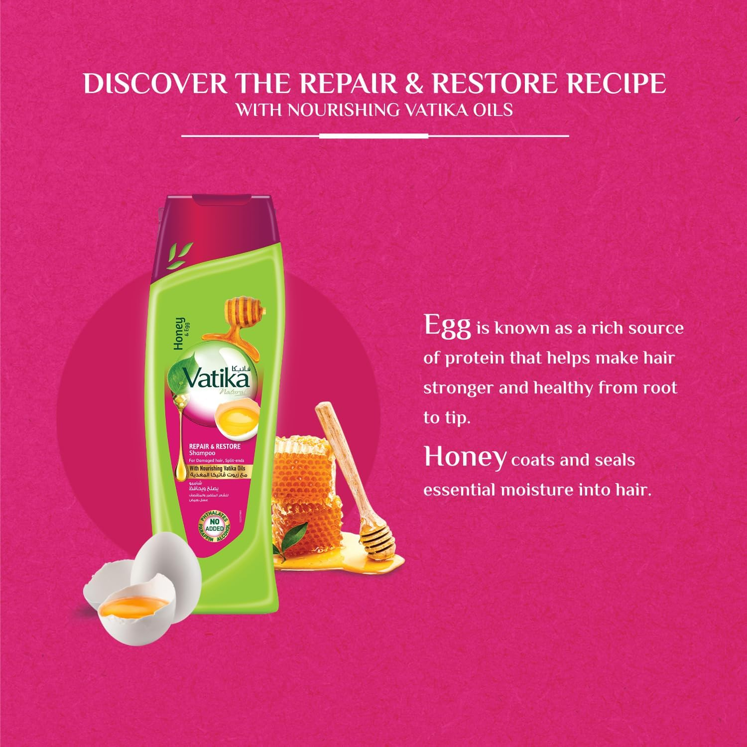 Vatika Naturals Repair & Restore Shampoo & Conditioner (2X400Ml) | Enriched with Honey & Egg | for Damaged Hair with Split Ends | Super Value Bundle Pack image number 6