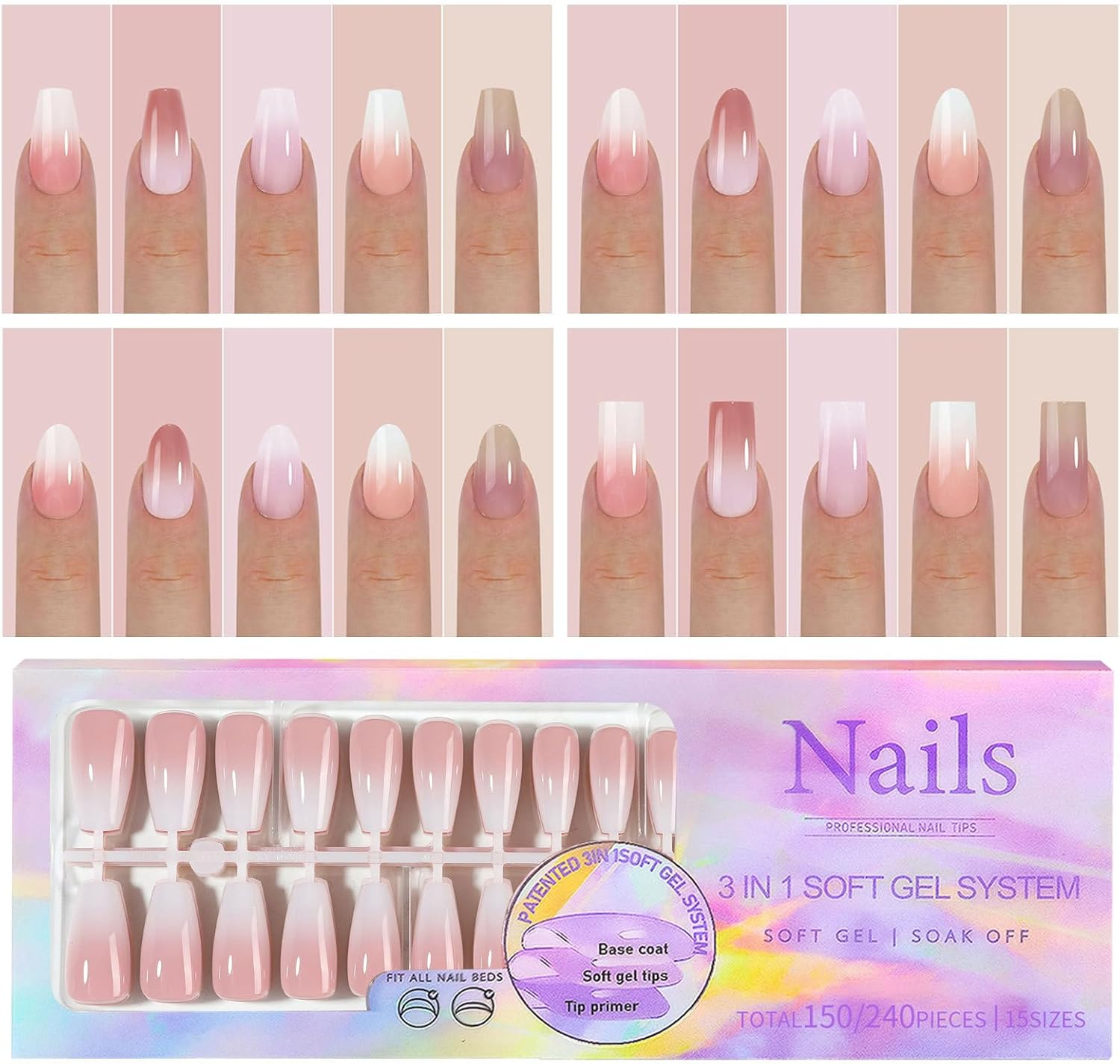 Ballerina Nail Tips Set, 300PCS Full Cover French Acrylic Nails, Soft Gel, Soak Off, 137G (Pack of 1), #031 image number 6