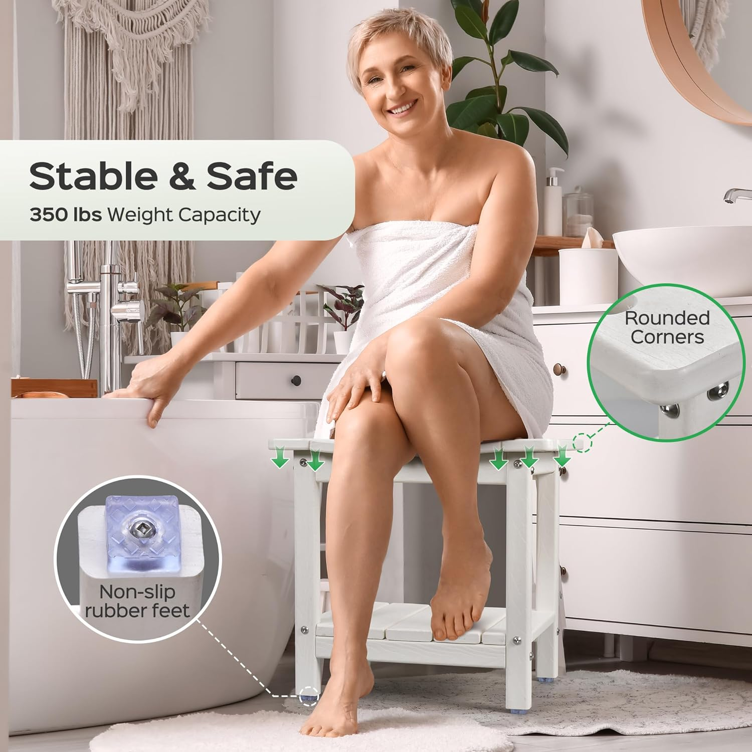 Lyrifine Shower Stool, 18.5 Inch HDPE Waterproof Shower Chair, Bathroom Shower Seat with Shower Head Holder, 350LBS Sturdy Shower Stool for Elderly Seniors Shaving Legs, White - 1-Gray image number 7