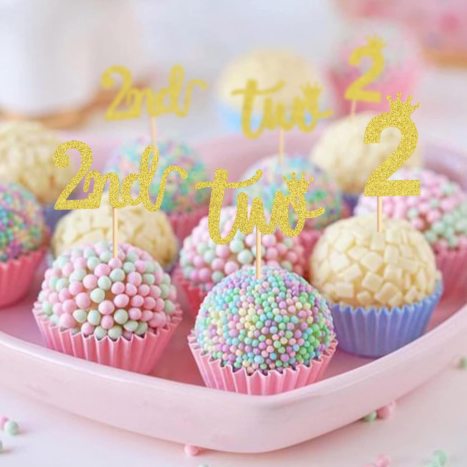 24PCS 2Nd Crown Birthday Cupcake Toppers Two Birthday Two Cupcake Picks Baby Shower Theme Prince Crown Party Cake Decorations Supplies Gold image number 3