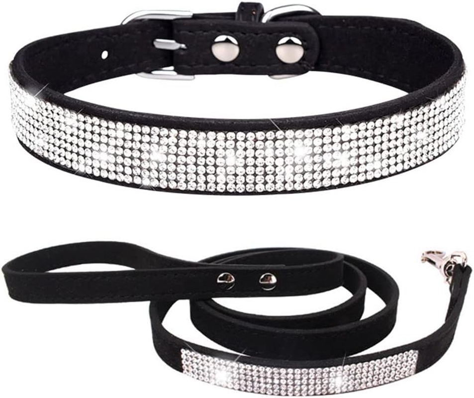 Puppy Dog Collar and Leash Set, Bling Rhinestone Diamond Fancy Crystal Glitter Pretty Jewel Pet Cat Collars for XXS XS Small Medium Large Dogs Kitten, Pink Xxsmall