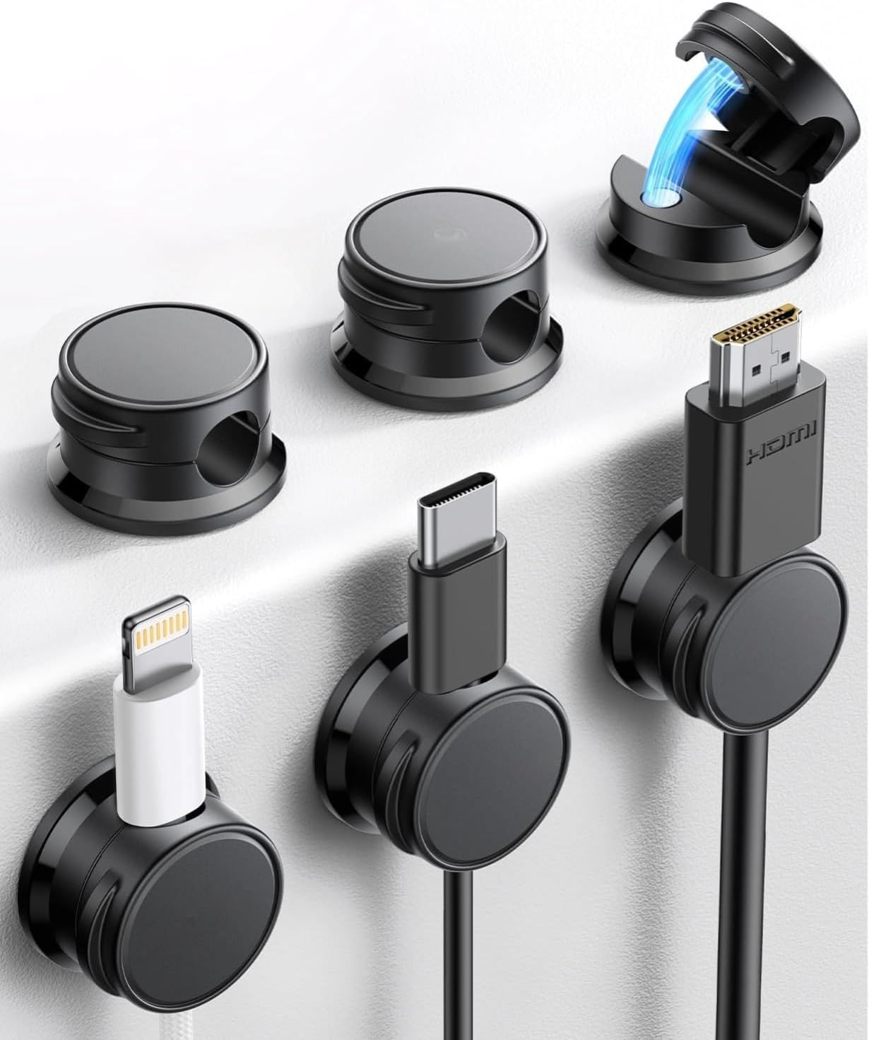 6 Pack Magnetic Cable Clips [Cable Smooth Adjustable] Cord Holder, under Desk Cable Management, Adhesive Wire Holder Keeper Organizer (White)