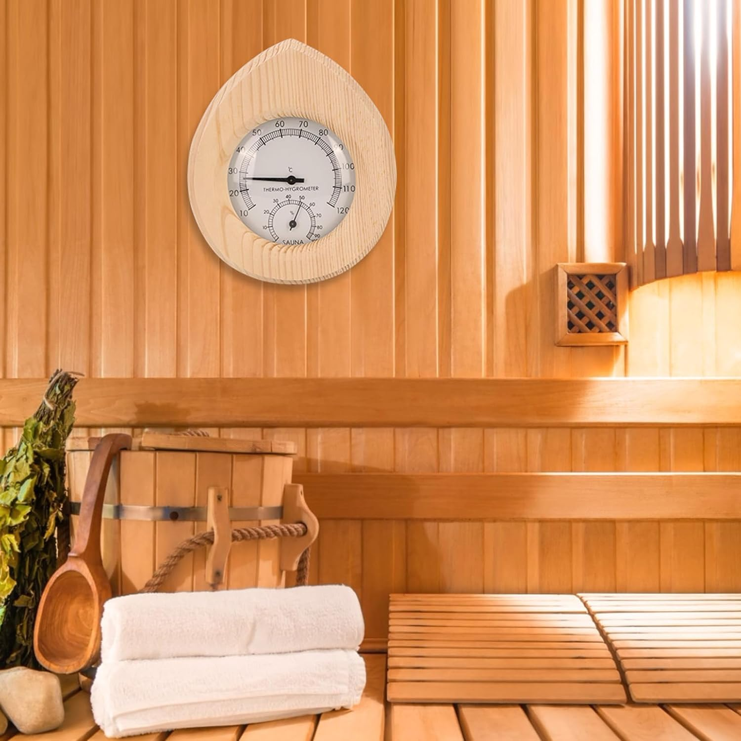 Changor Sauna Hygrometer Thermometer 2 in 1 Drop Shaped Design Handmade Wooden Thermo Hygrometer for Sauna Room Steam Room image number 4