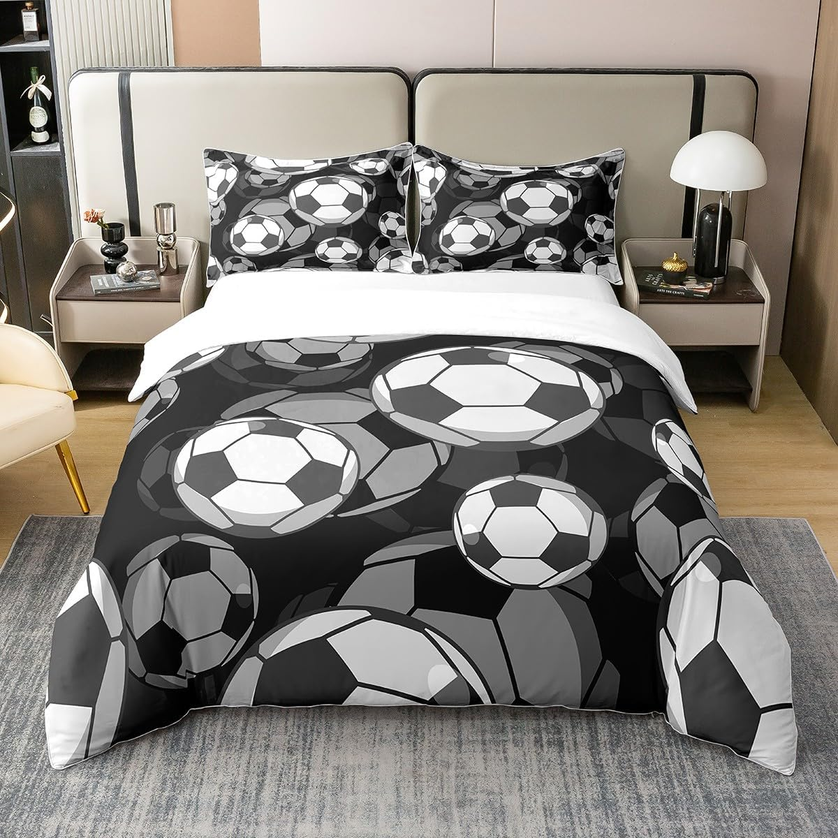 Homewish Kids Soccer 100% Cotton Duvet Cover Single American Football Comforter Cover European Sport Game Bedding Set Player Field Quilt Cover,Cartoon Decor 2Pcs with 1 Pillowcase,Black White