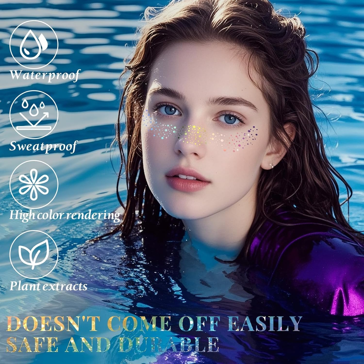 Glitter Freckles Face Tattoo, 16 Pcs Multichrome Holographic Sparkle Face Glitter Freckles Speckles Stickers, Waterproof Metallic Cute Star Temporary Tattoo Stickers Makeup Patches Festival Rave Accessories image number 3